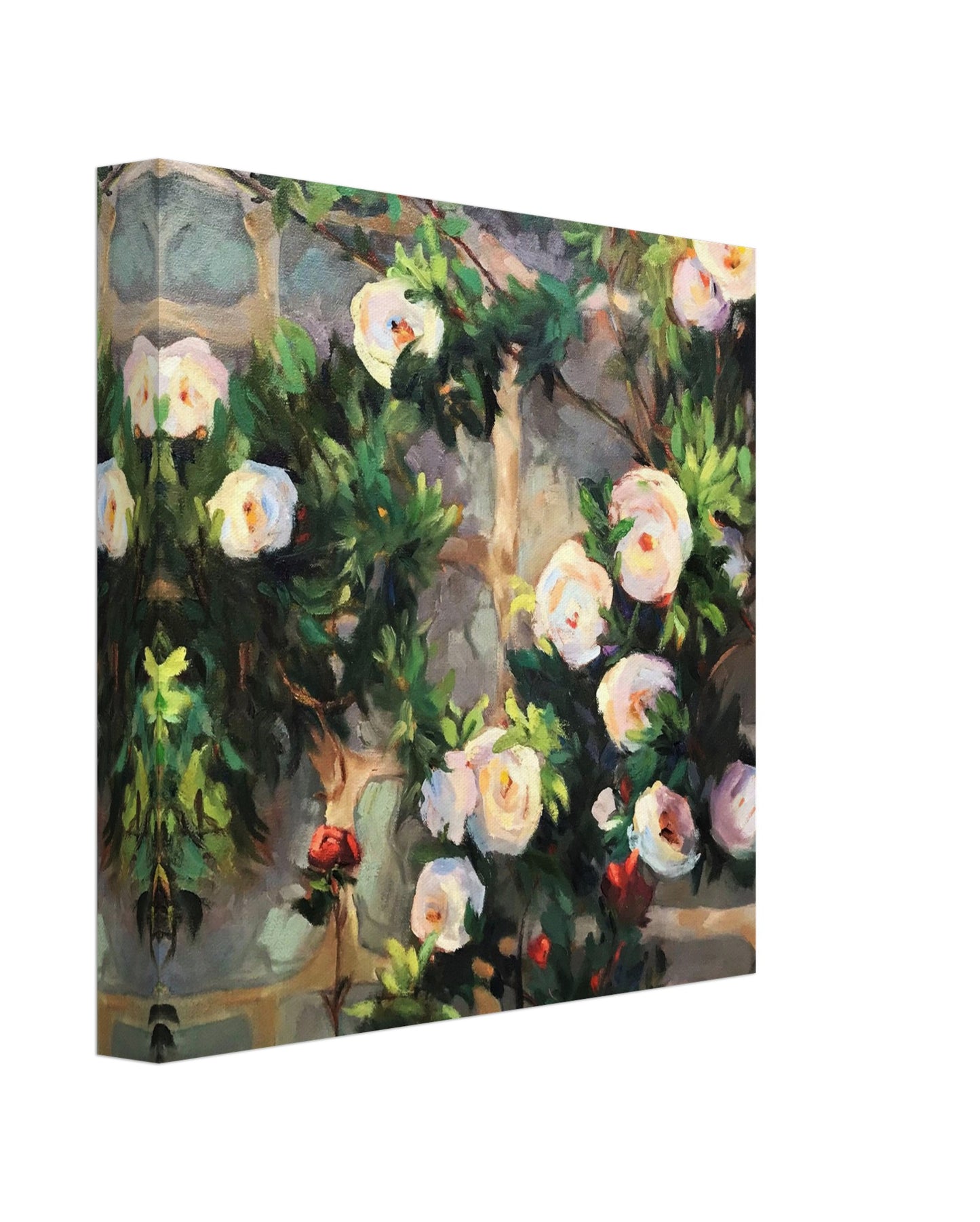 'Vining White Roses' Floral I 8x8 inch Art Print on Canvas I Original Artwork by American Artist Barbara Cleary