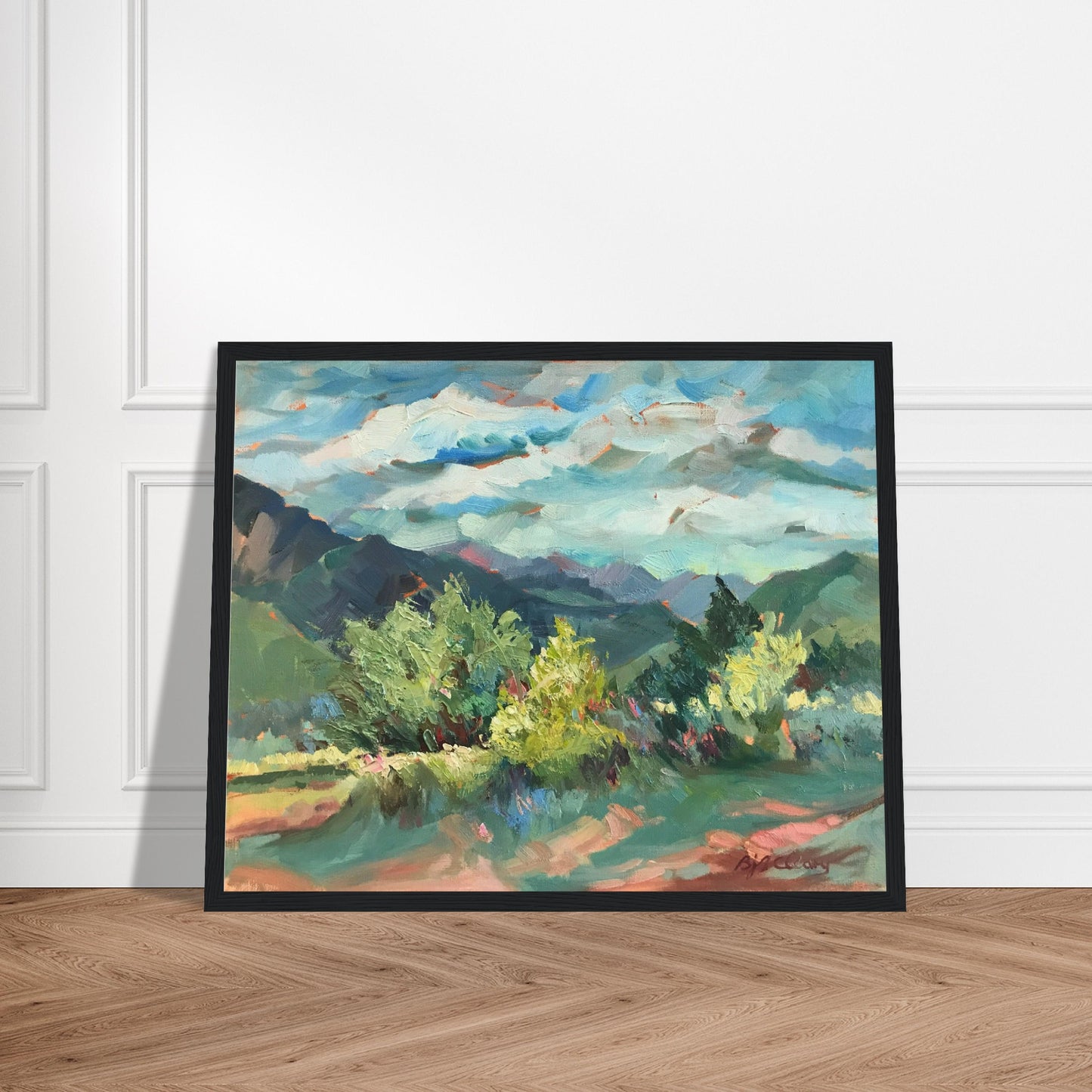 ‘Pueblo Lands Plein Air’ Southwestern Landscape | 16x20 Wooden Framed Art Print | Original Artwork by American Artist Barbara Cleary