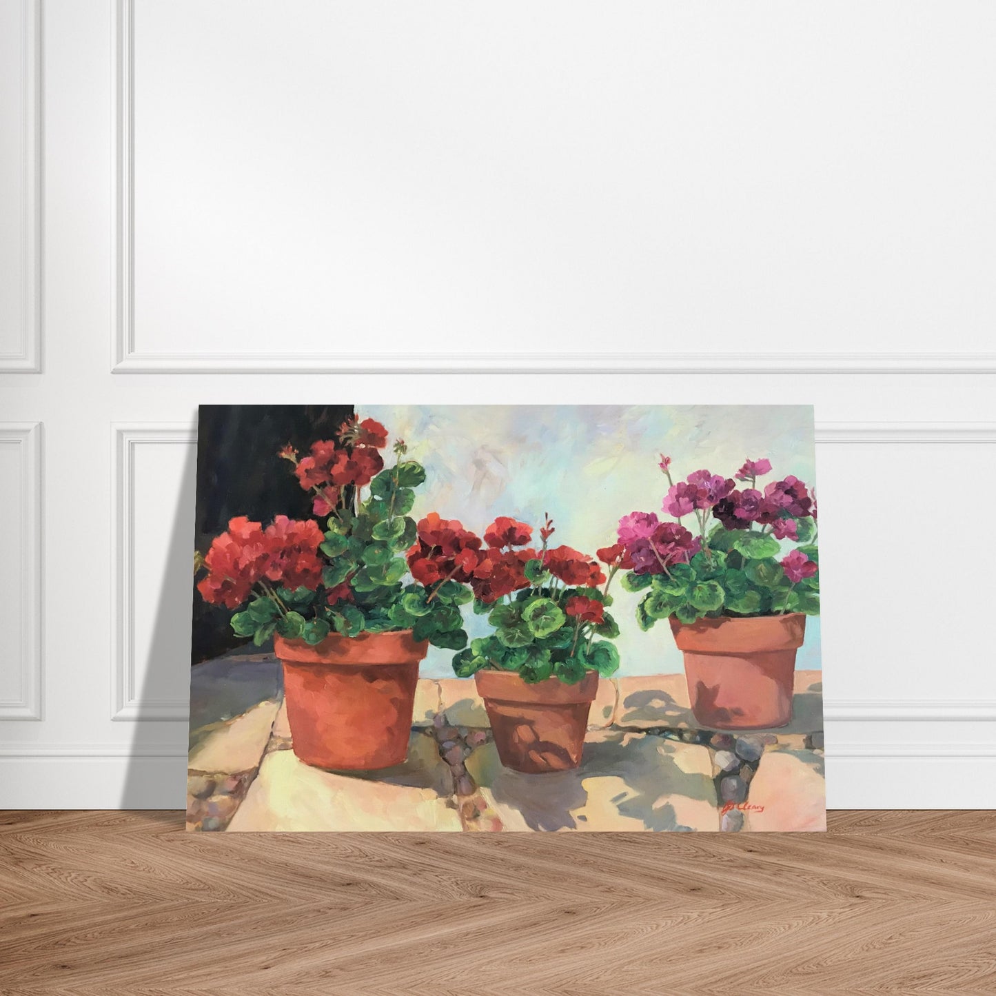 'Potted Red Geraniums Series 1' Floral I 16x24 Museum-Quality Matte Paper Poster I Original Artwork by American Artist Barbara Cleary