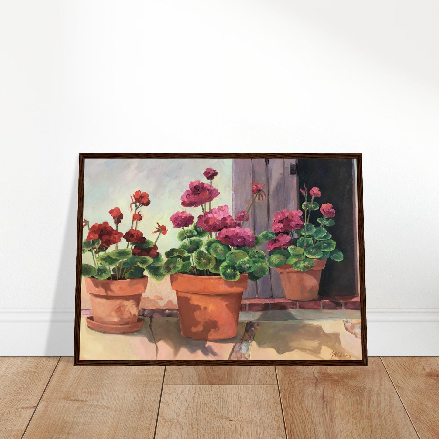 'Potted Red Geraniums Series 2'Red and Pink Floral | 20x28 inch Wooden Framed Art Print | Original Artwork by American Artist Barbara Cleary
