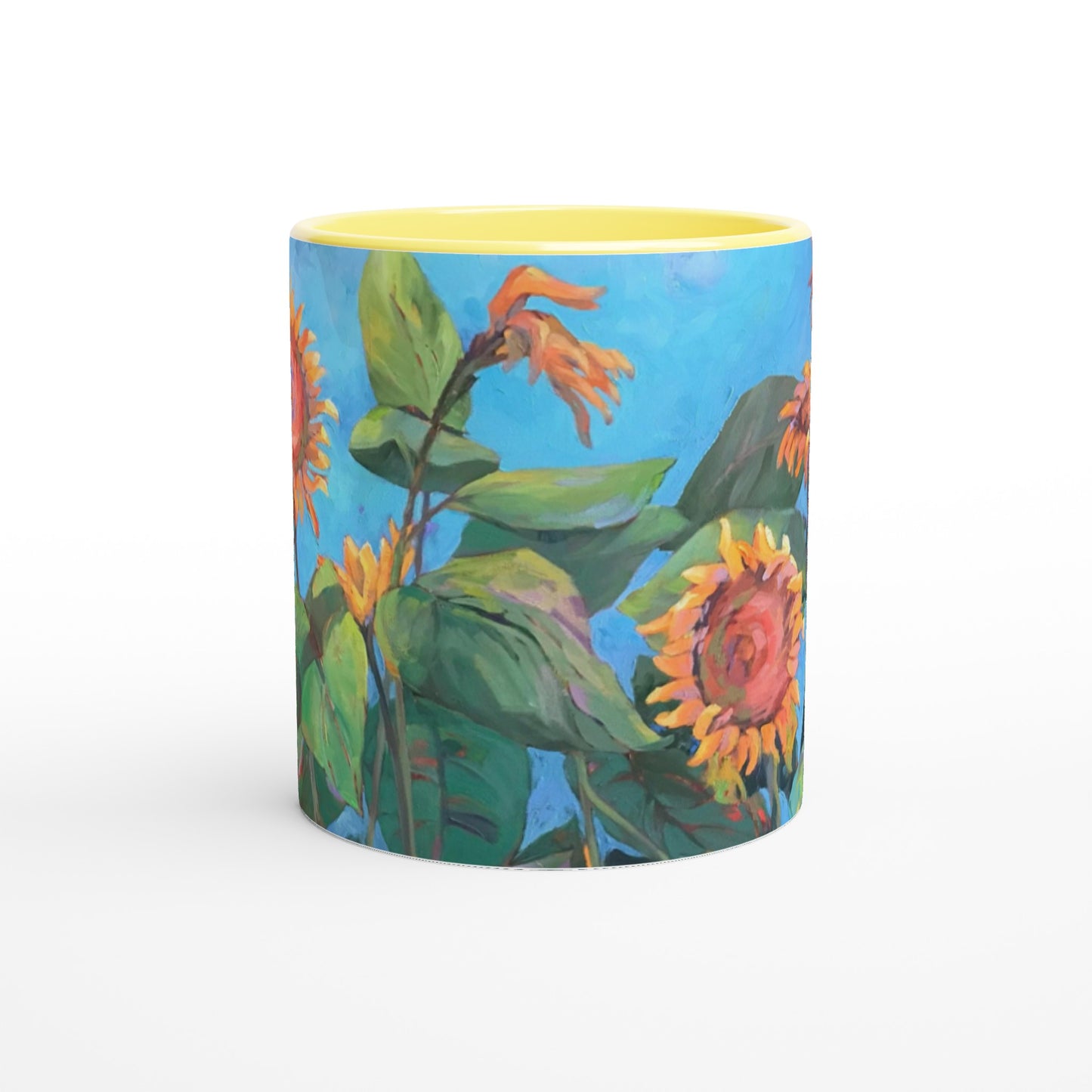 "11oz White Ceramic Coffee Mug with Color Inside | with 'Southwinds 2 Sunflowers' Floral Artwork by American Artist Barbara Cleary