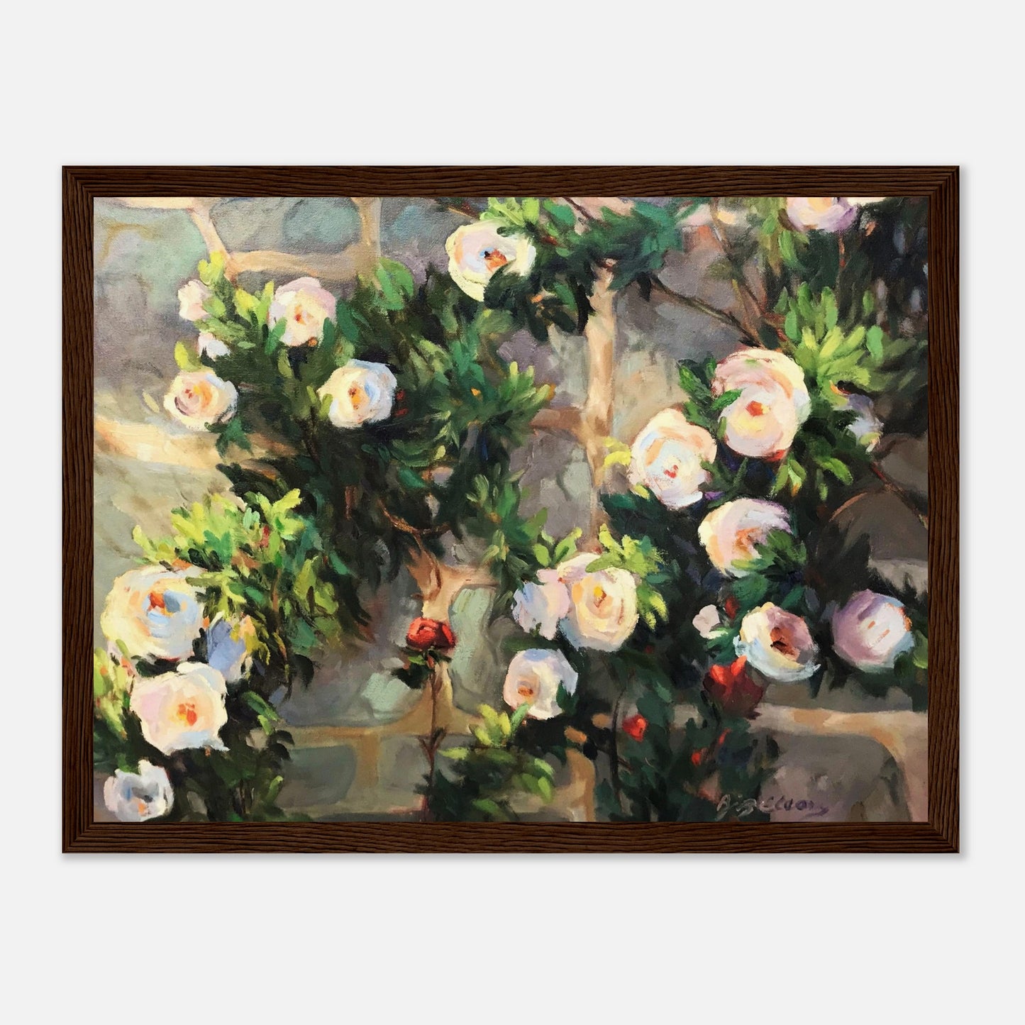 ‘Vining White Roses’ Floral | 12x16 inch Wooden Framed Art Print | Original Artwork by American Artist Barbara Cleary