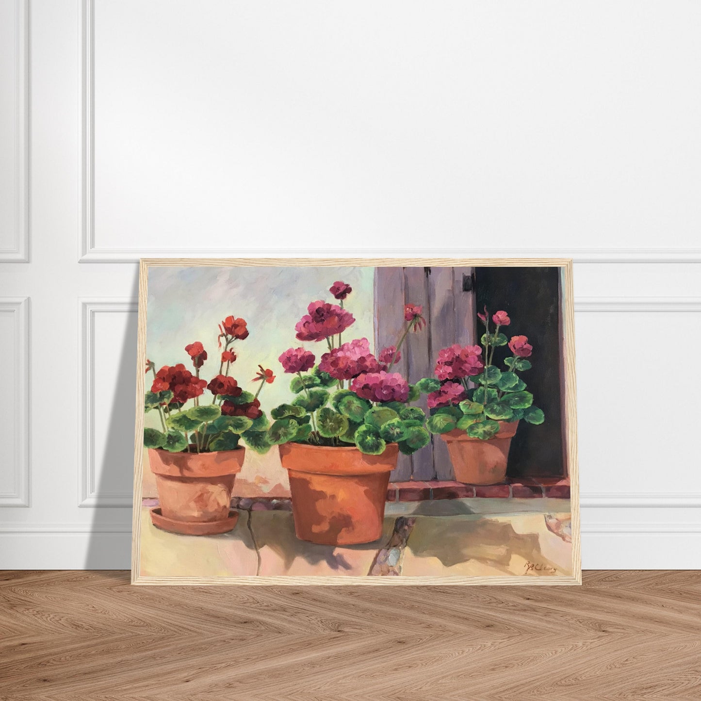'Potted Red Geraniums Series 2'Red and Pink Floral | 20x28 inch Wooden Framed Art Print | Original Artwork by American Artist Barbara Cleary