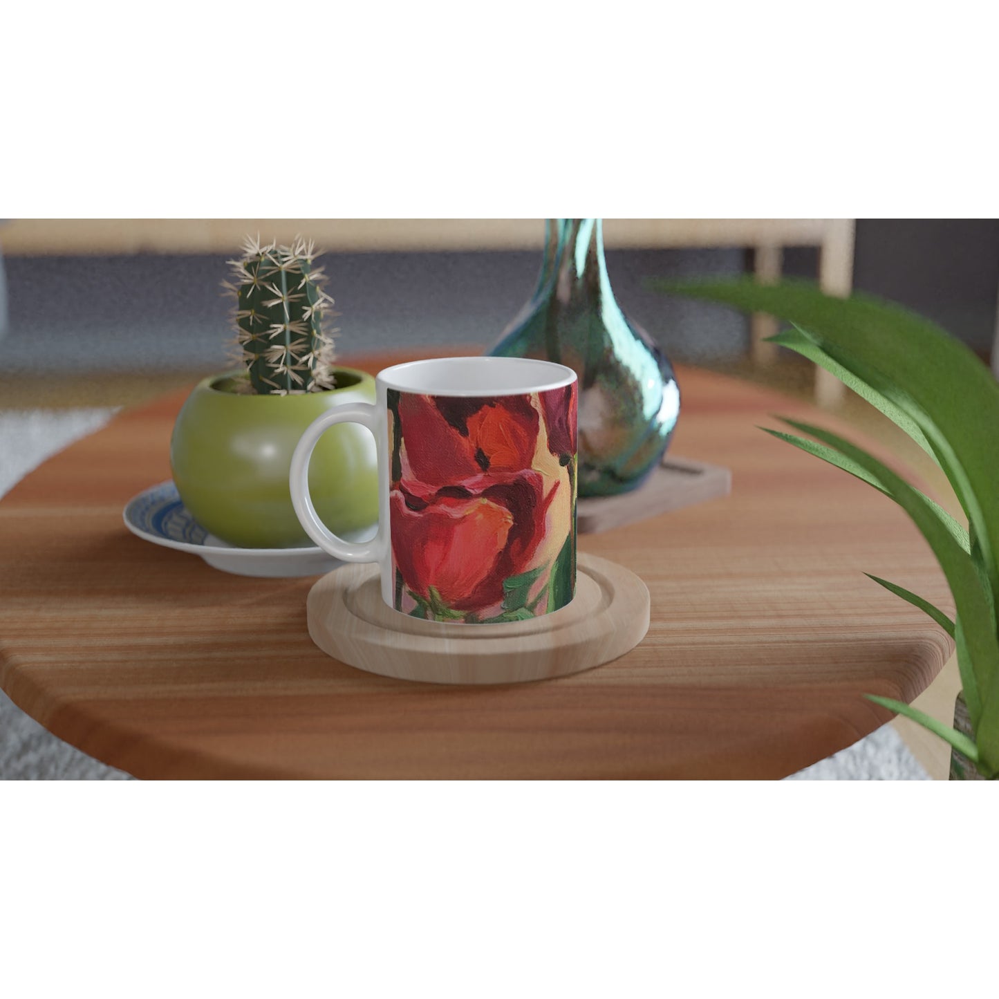 11oz White Ceramic Mug | Coffee Cup with 'Tulips' Floral Artwork by American Artist Barbara Cleary