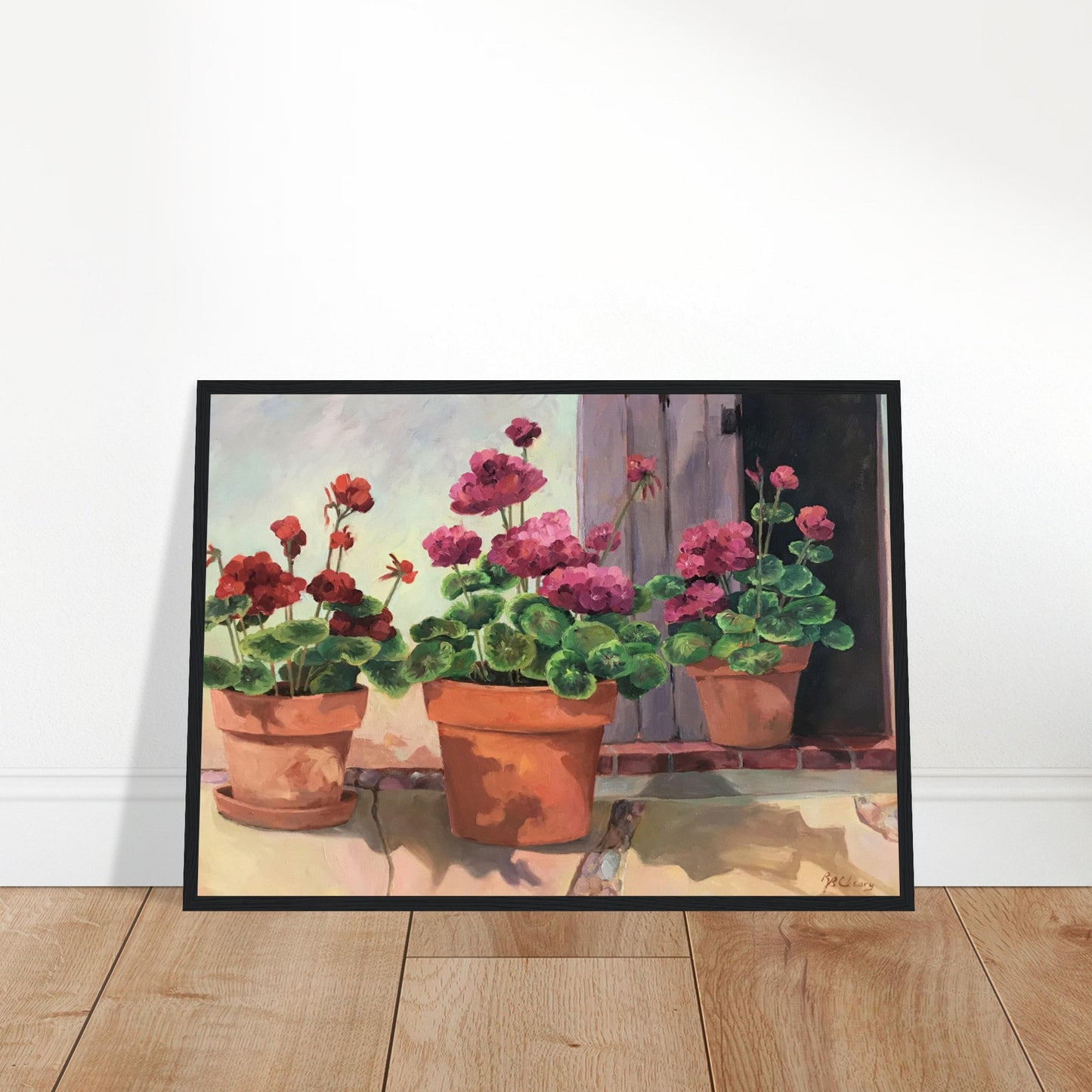 'Potted Red Geraniums Series 2'Red and Pink Floral | 20x28 inch Wooden Framed Art Print | Original Artwork by American Artist Barbara Cleary