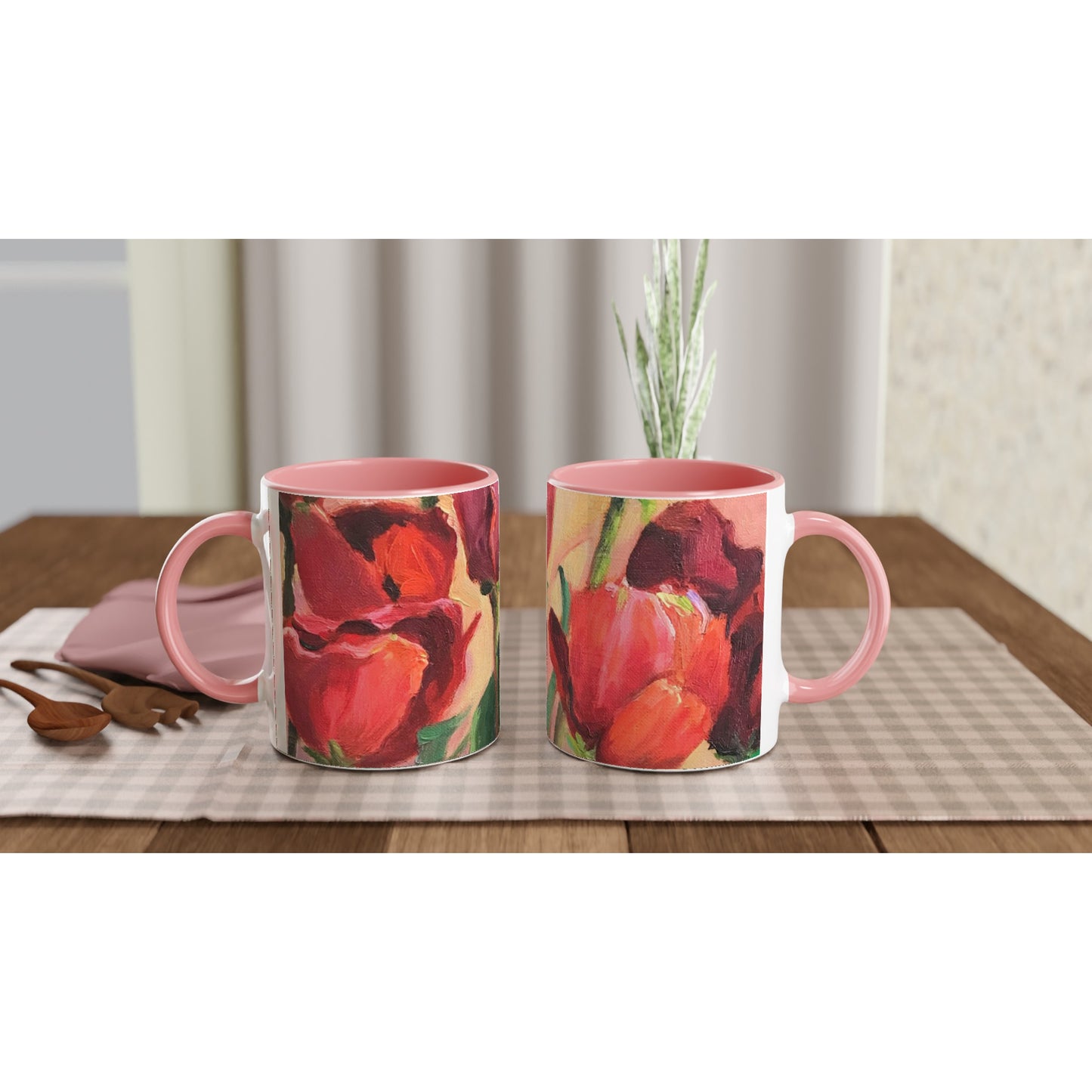 11oz White Ceramic Mug with Color Inside | Coffee Cup with 'Tulips' Floral Artwork by American Artist Barbara Cleary