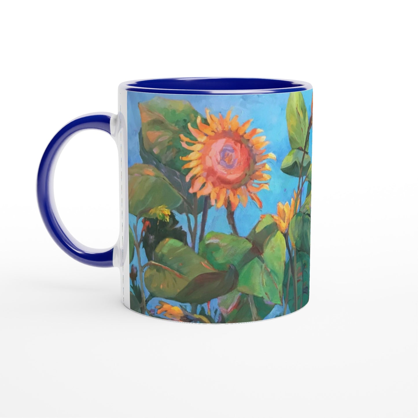 "11oz White Ceramic Coffee Mug with Color Inside | with 'Southwinds 2 Sunflowers' Floral Artwork by American Artist Barbara Cleary