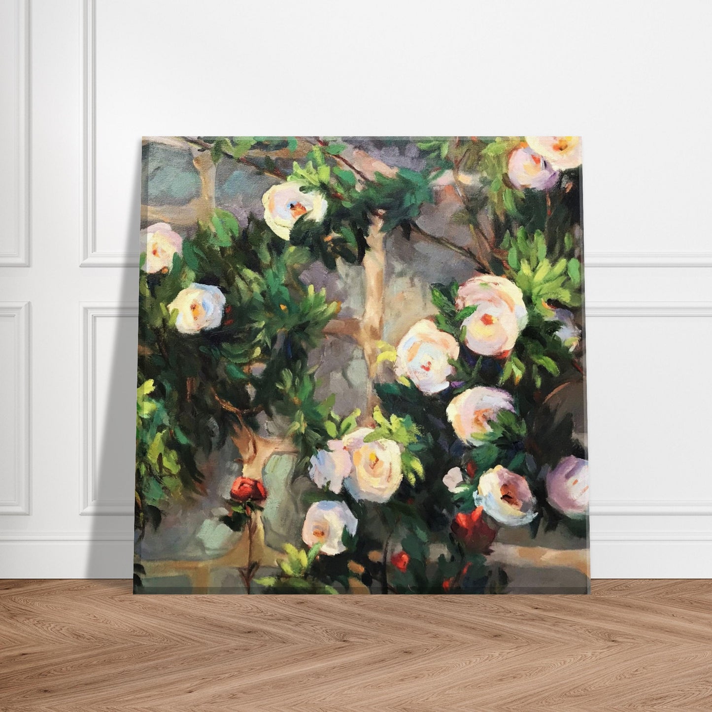 'Vining White Roses' Floral I 8x8 inch Art Print on Canvas I Original Artwork by American Artist Barbara Cleary