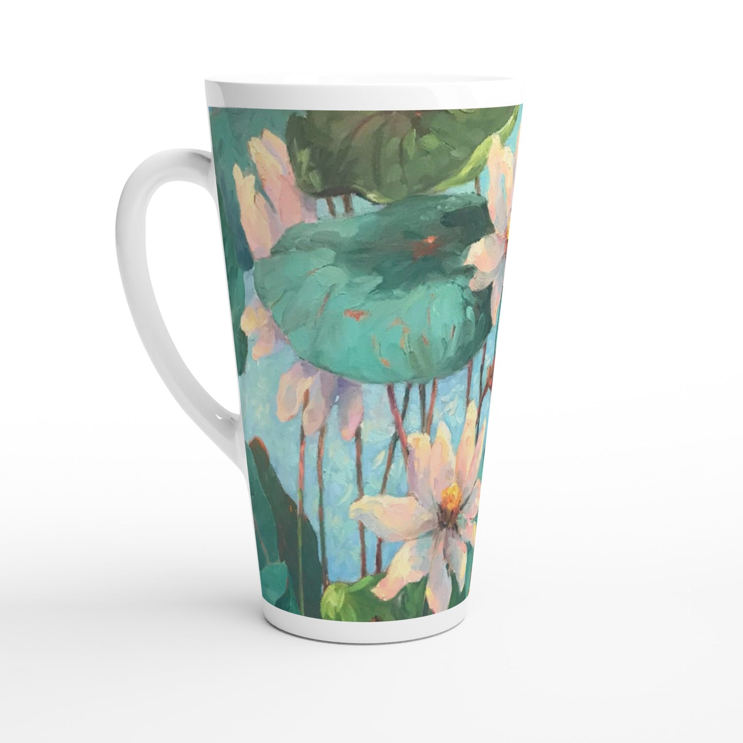 17oz White Ceramic Latte Mug | Coffee Cup with 'Lily Pads' Floral Artwork by American Artist Barbara Cleary