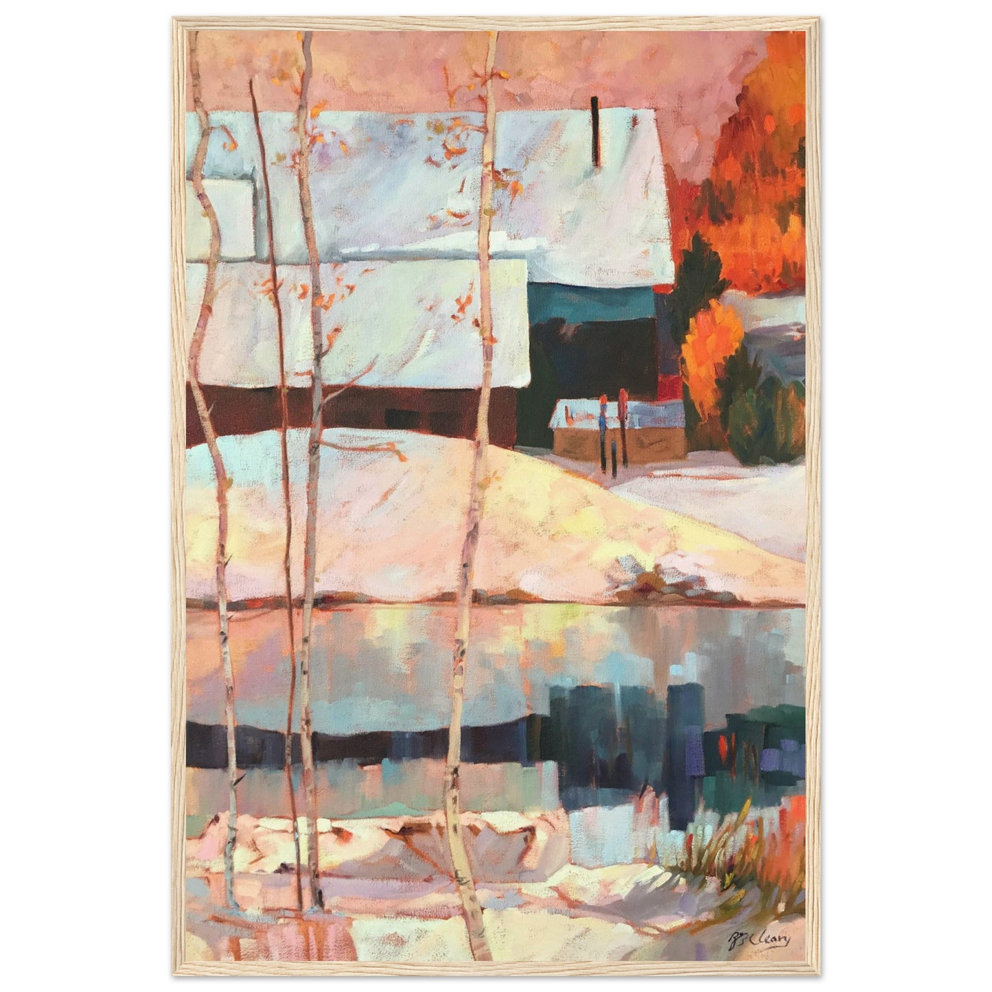 ‘Early Snow’ Winter Landscape | 24x36 Wooden Framed Art Print | Original Artwork by American Artist Barbara Cleary