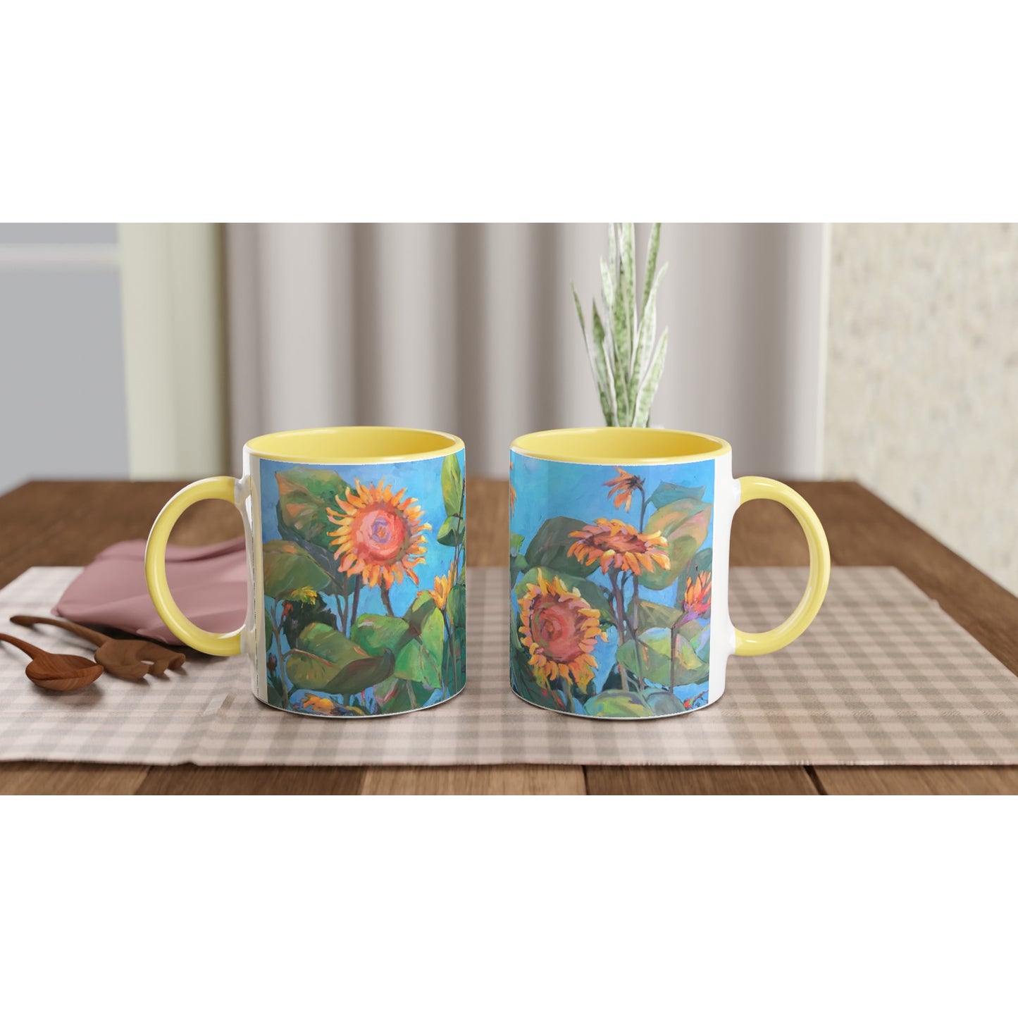 "11oz White Ceramic Coffee Mug with Color Inside | with 'Southwinds 2 Sunflowers' Floral Artwork by American Artist Barbara Cleary