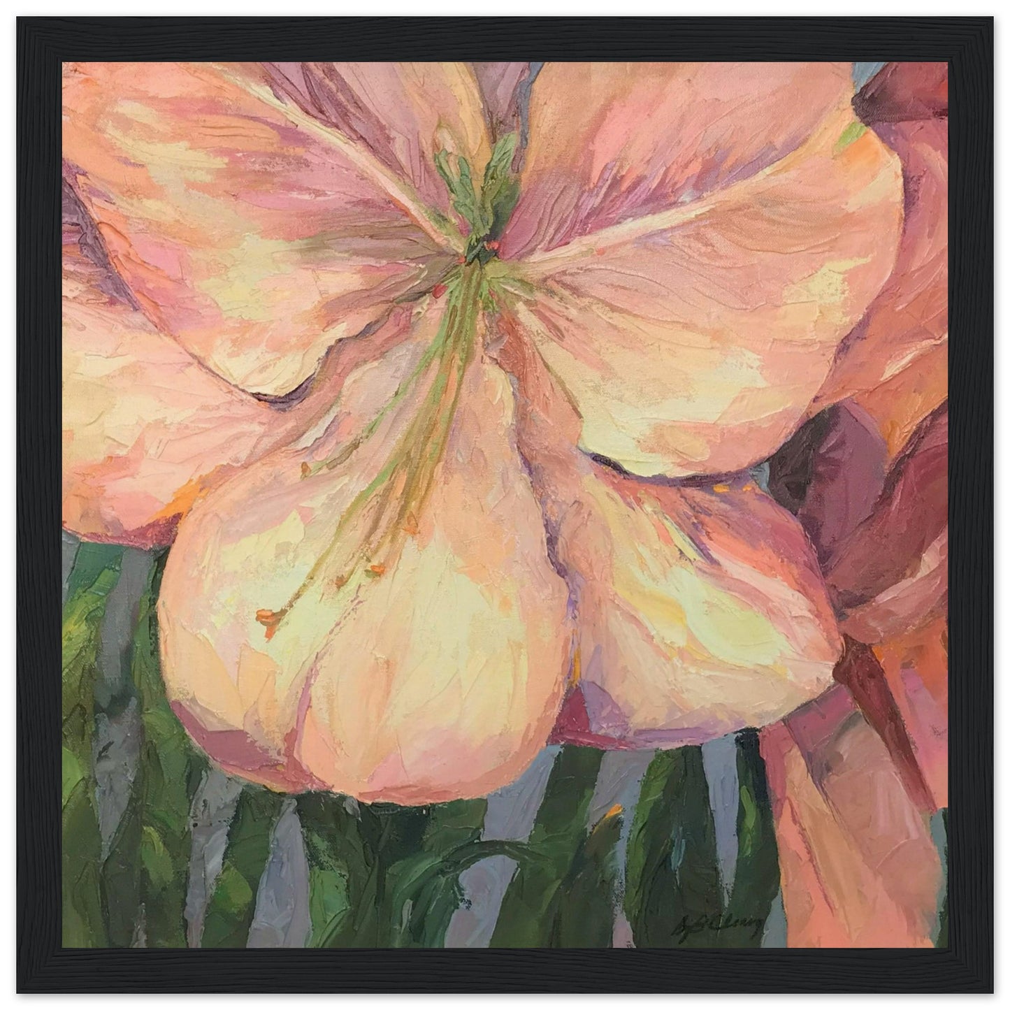 'Pink Amaryllis' Floral | 12x12 inch Wooden Framed Art Print | Original Artwork by American Artist Barbara Cleary