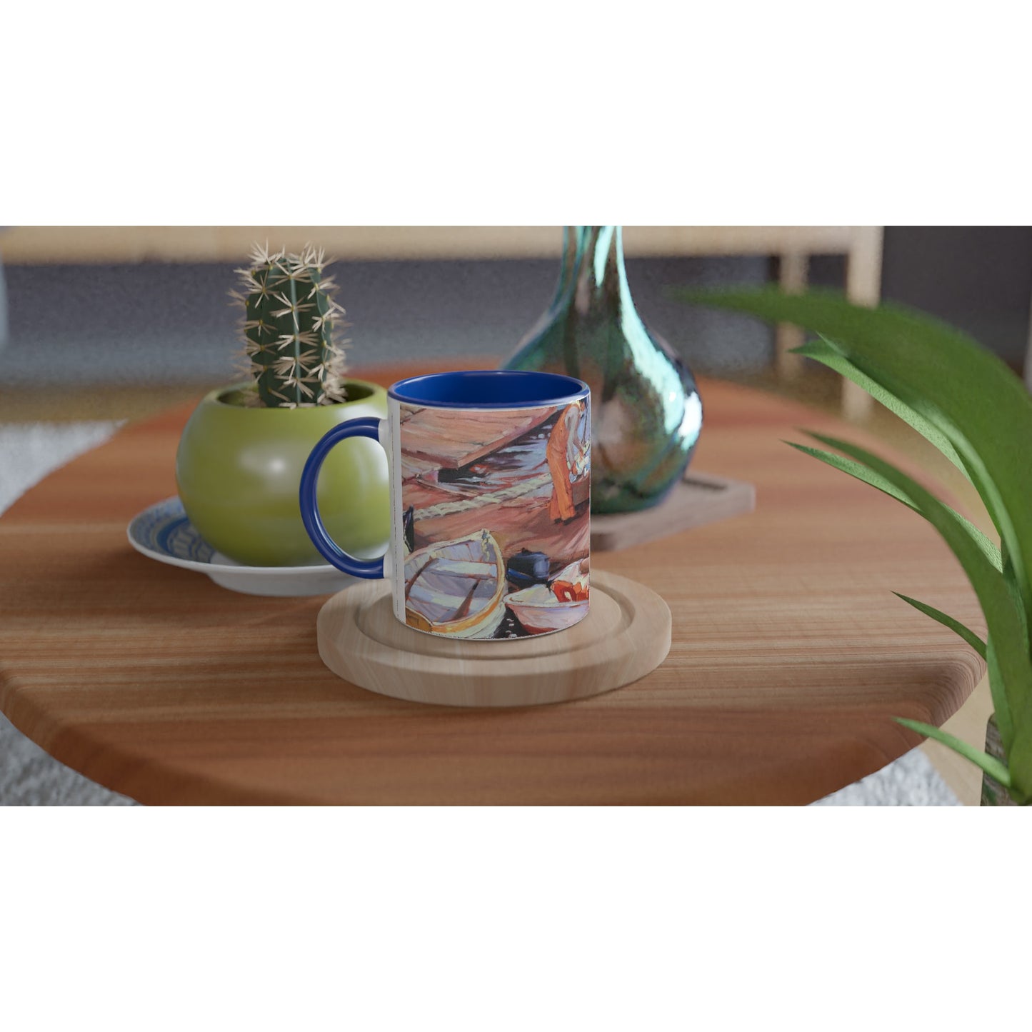 11oz White Ceramic Mug with Color Inside | Coffee Cup with 'Fishing Dock' Coastal Artwork by American Artist Barbara Cleary