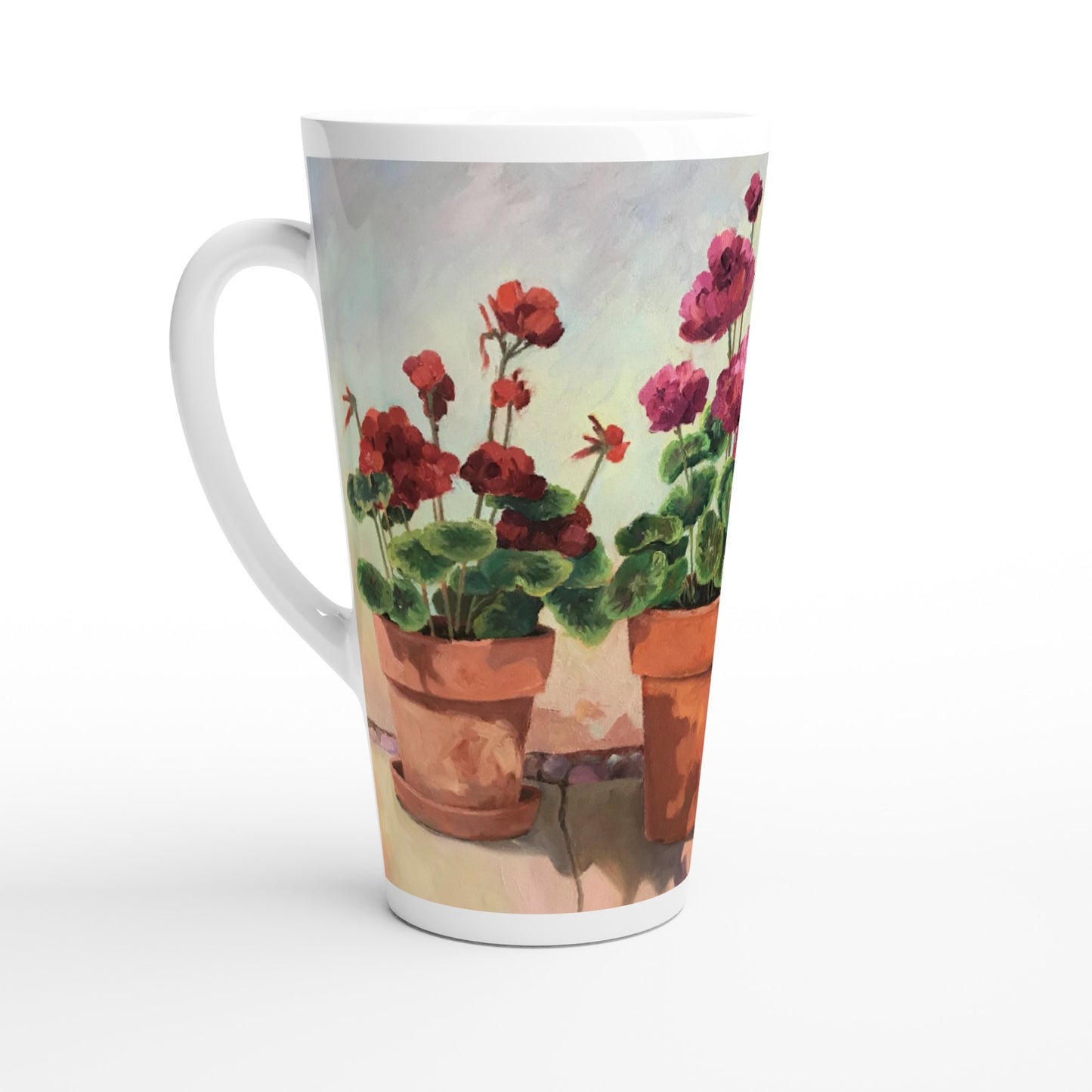 17oz White Ceramic Latte Mug | Coffee Cup with 'Potted Red Geraniums Series 1' Floral Artwork by American Artist Barbara Cleary