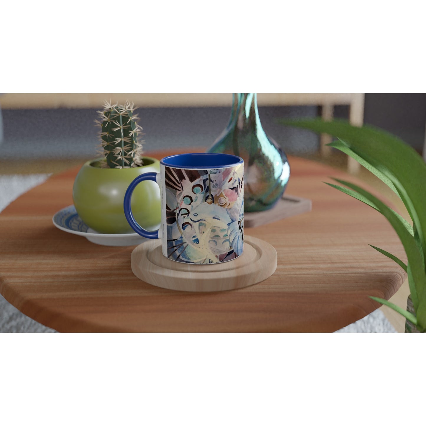 11oz White Ceramic Mug with Color Inside | Coffee Cup with 'Kaleidoscope 2' Abstract Artwork by American Artist Barbara Cleary