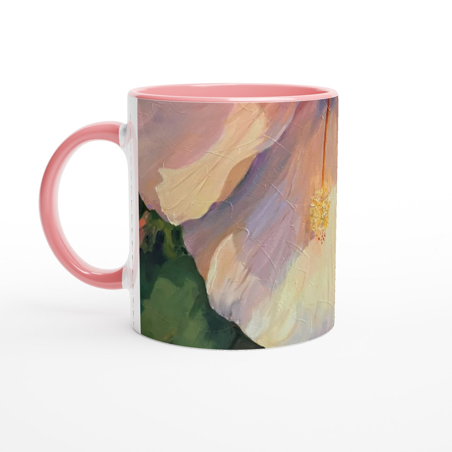 11oz White Ceramic Mug with Color Inside | Coffee Cup with 'Pink Hibiscus' Floral Artwork by American Artist Barbara Cleary