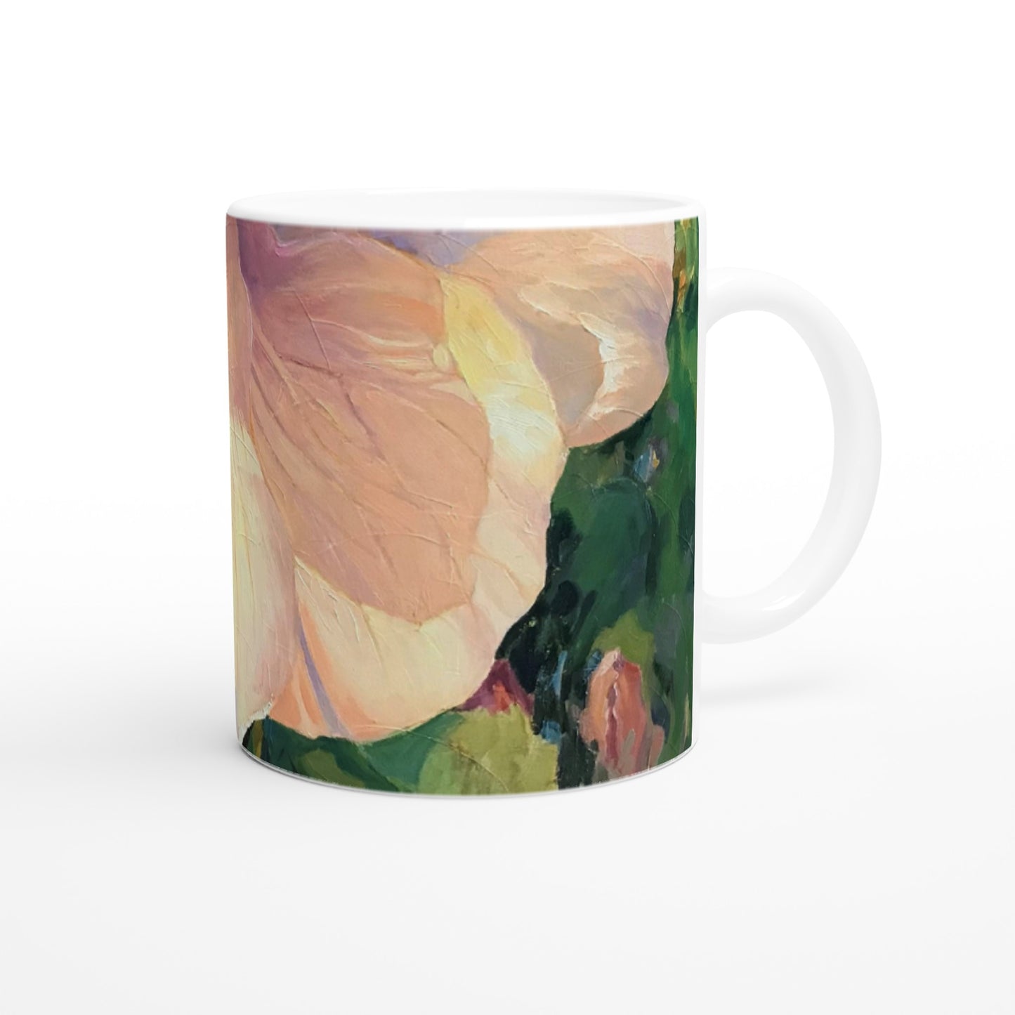 11oz White Ceramic Mug | Coffee Cup with 'Pink Hibiscus' Floral Artwork by American Artist Barbara Cleary