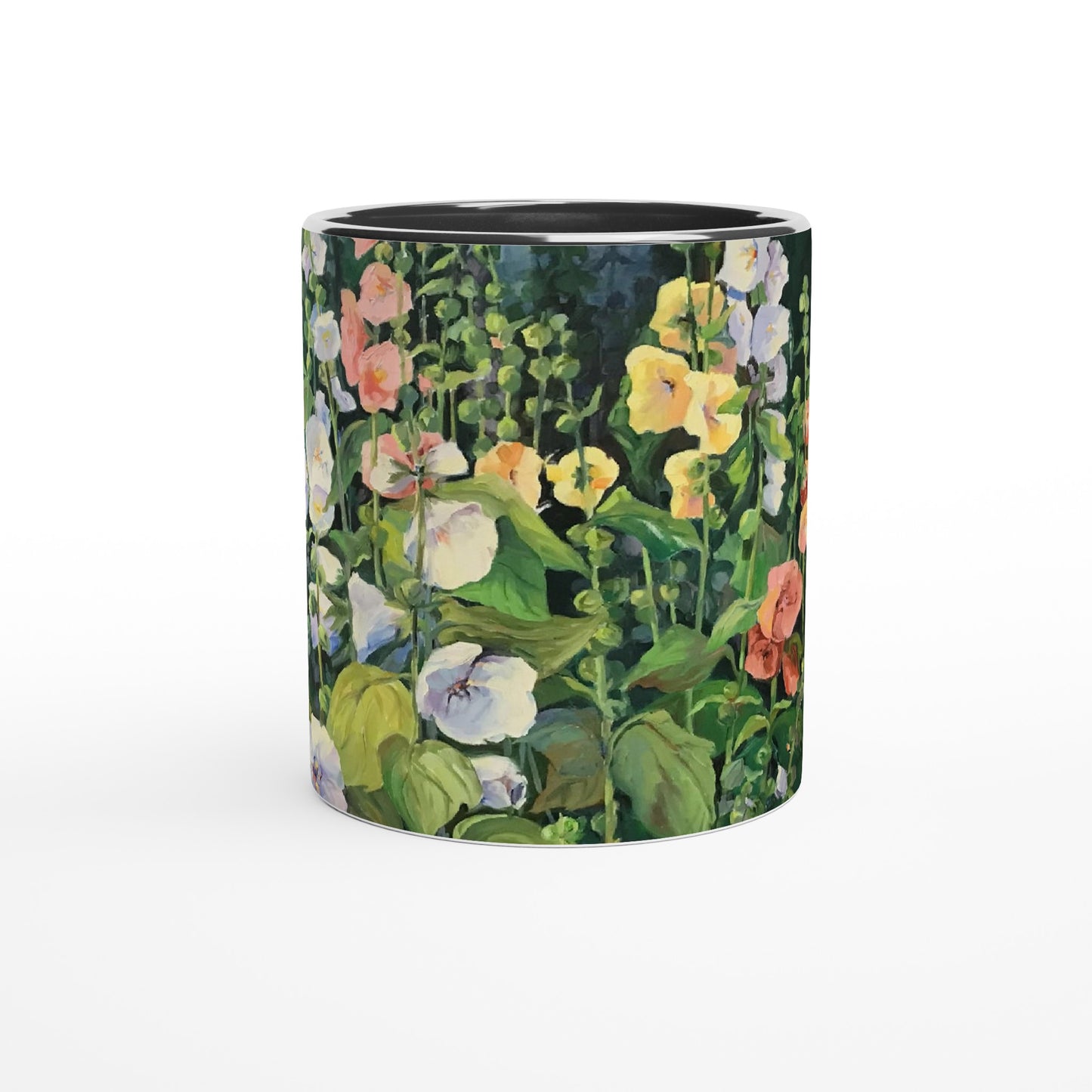 11oz White Ceramic Mug with Color Inside | Coffee Cup with 'Hollyhocks' Floral Artwork by American Artist Barbara Cleary