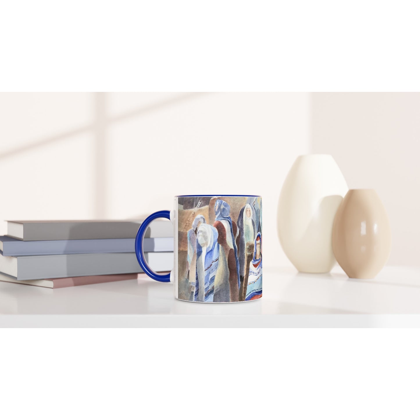 11oz White Ceramic Mug with Color Inside | Coffee Cup with 'Pueblo People' Southwestern Artwork by American Artist Barbara Cleary