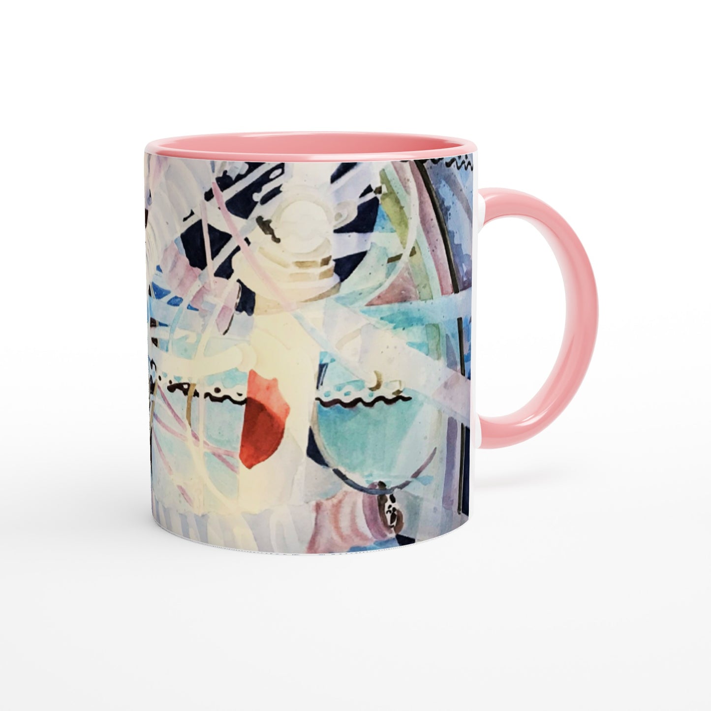 11oz White Ceramic Mug with Color Inside | Coffee Cup with 'Kaleidoscope 2' Abstract Artwork by American Artist Barbara Cleary