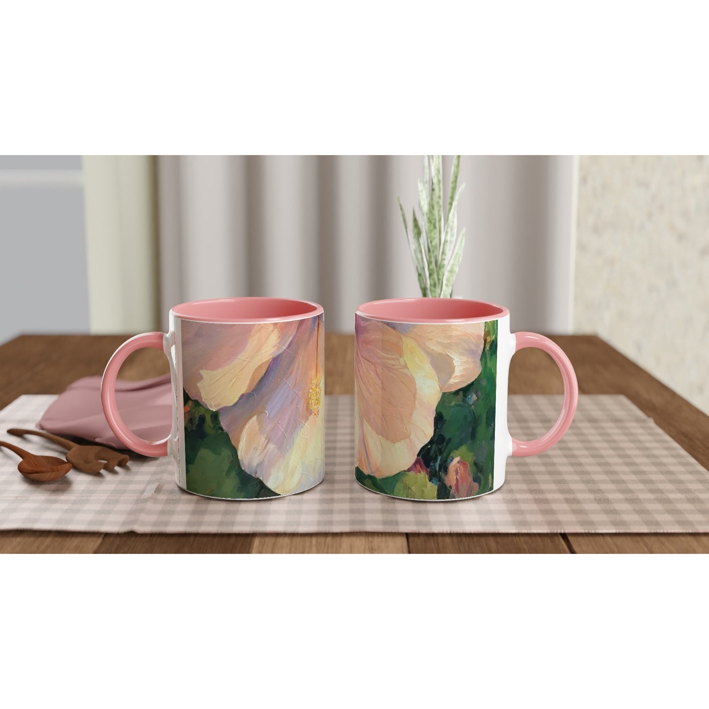 11oz White Ceramic Mug with Color Inside | Coffee Cup with 'Pink Hibiscus' Floral Artwork by American Artist Barbara Cleary