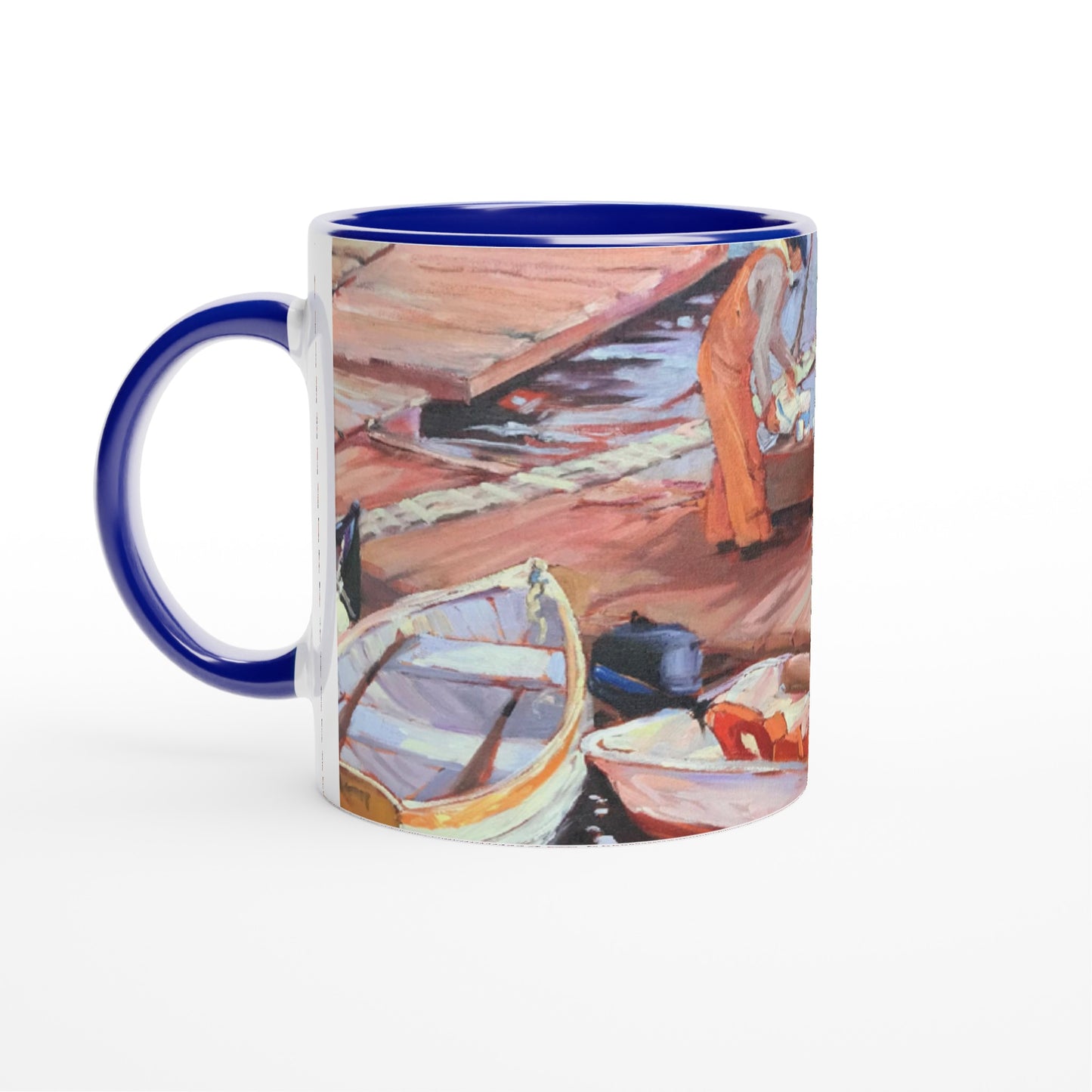 11oz White Ceramic Mug with Color Inside | Coffee Cup with 'Fishing Dock' Coastal Artwork by American Artist Barbara Cleary