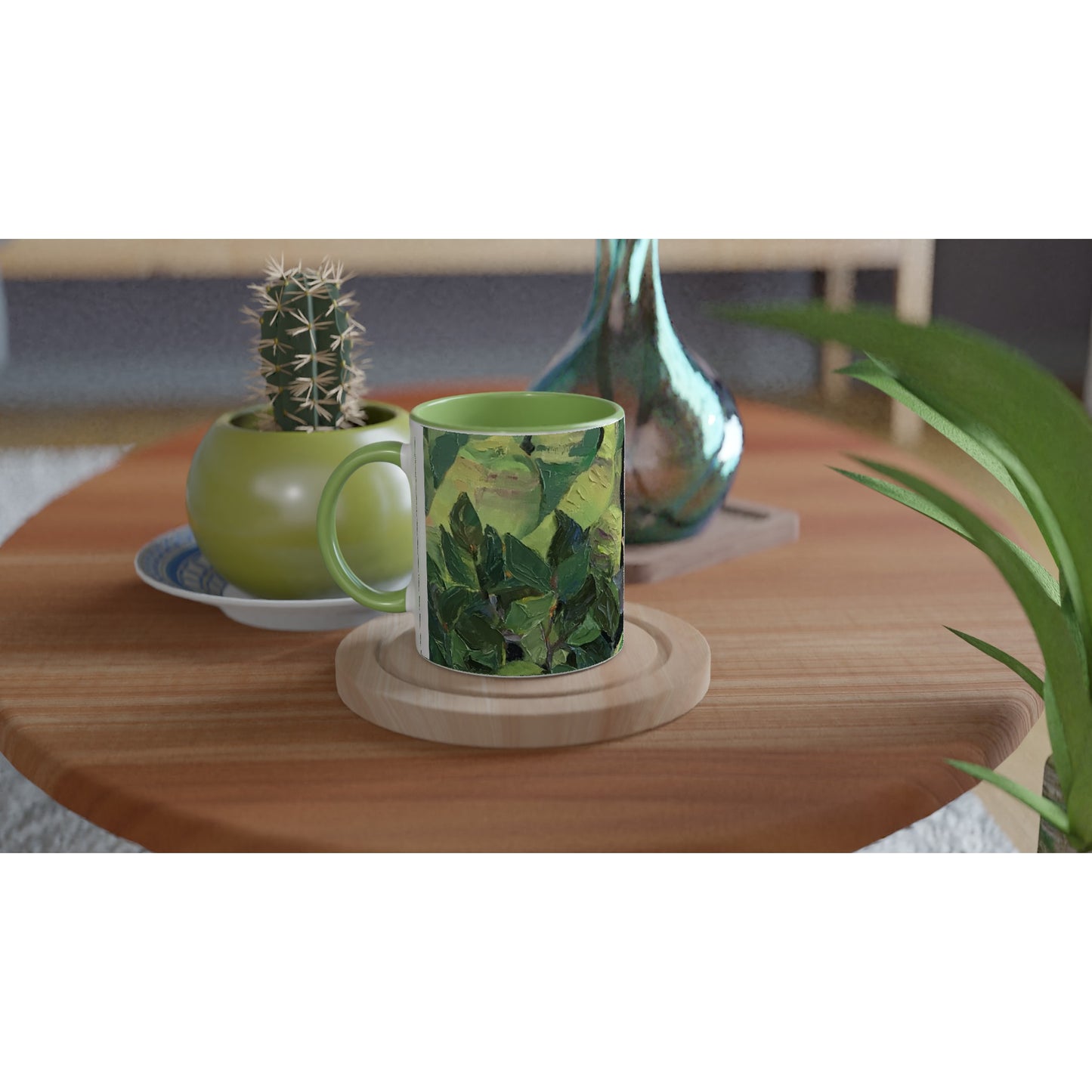 11oz White Ceramic Mug with Color Inside | Coffee Cup with 'Bromiliads' Floral Artwork by American Artist Barbara Cleary