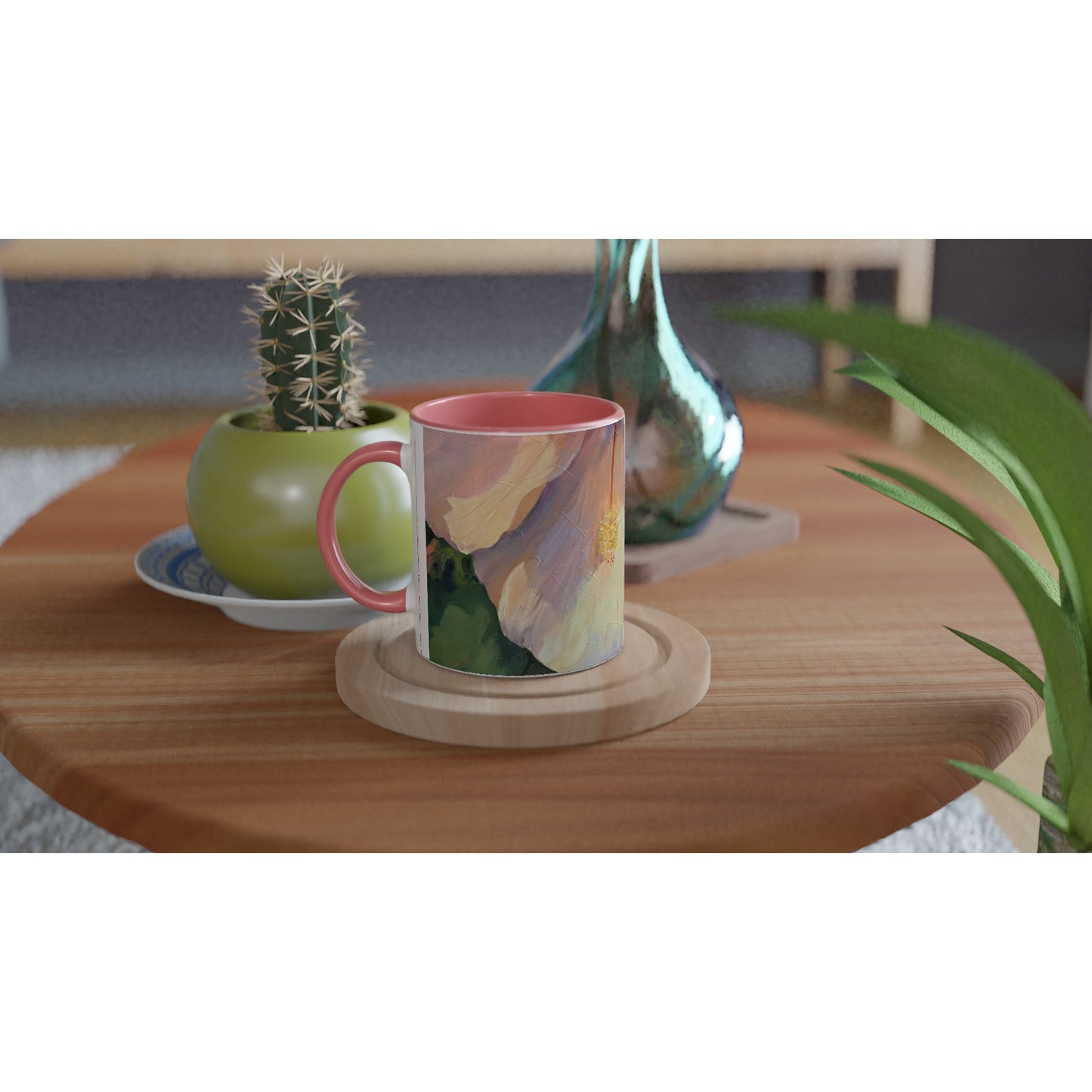 11oz White Ceramic Mug with Color Inside | Coffee Cup with 'Pink Hibiscus' Floral Artwork by American Artist Barbara Cleary