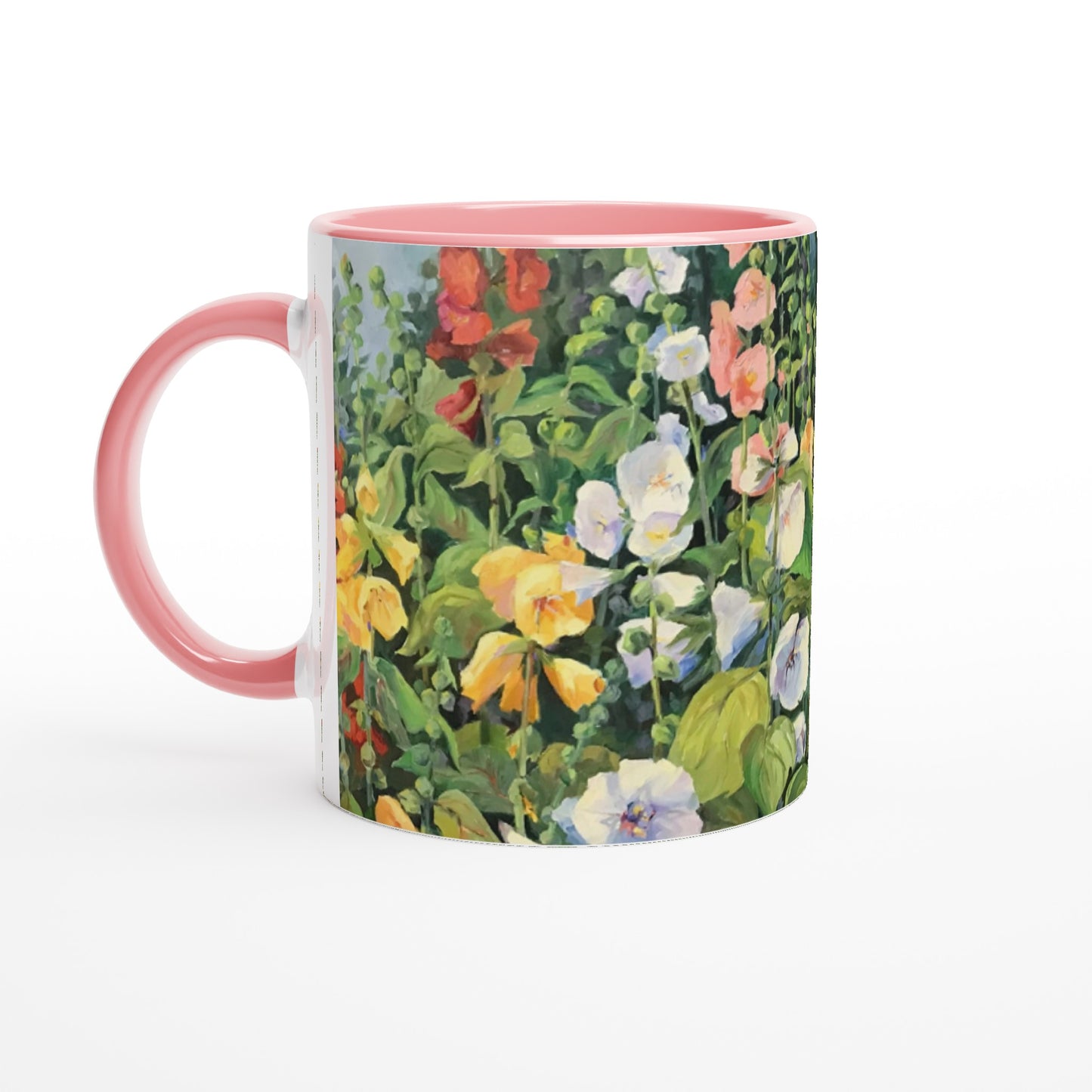 11oz White Ceramic Mug with Color Inside | Coffee Cup with 'Hollyhocks' Floral Artwork by American Artist Barbara Cleary