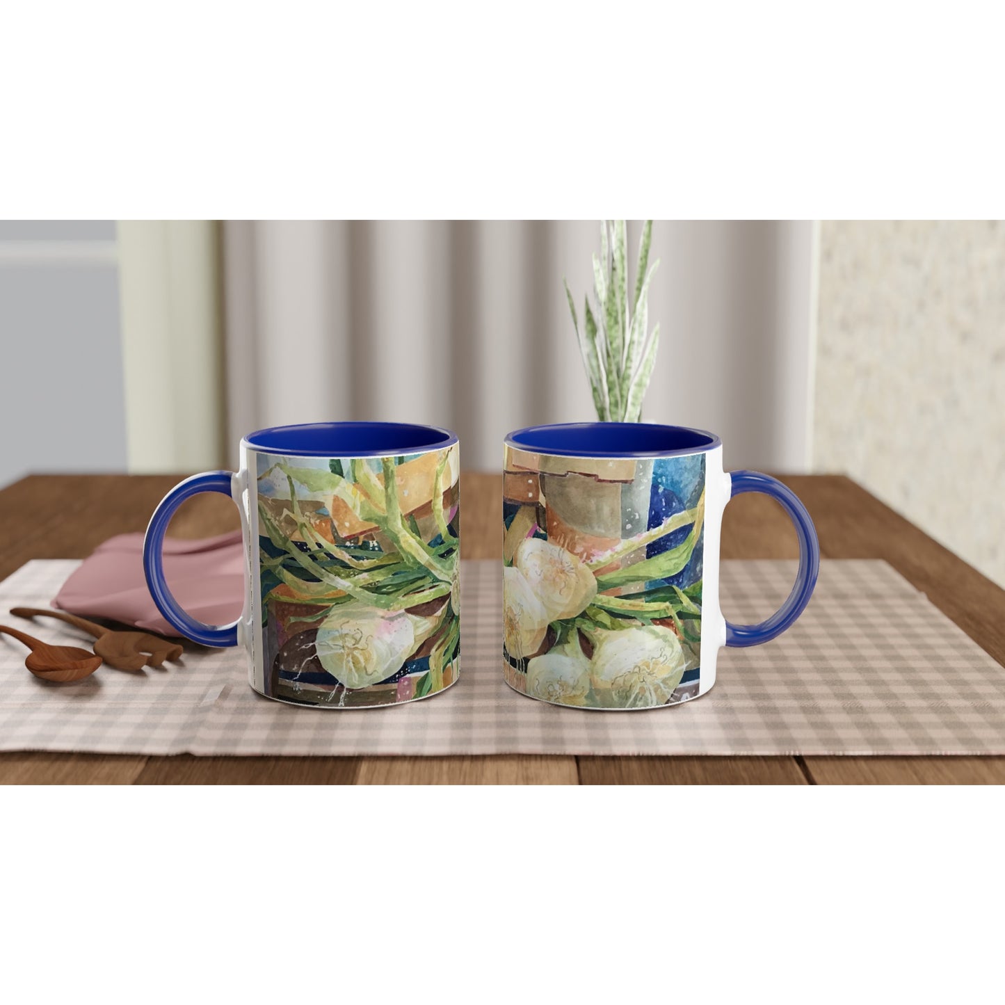 11oz White Ceramic Mug with Color Inside | Coffee Cup with 'Onions' Watercolor Artwork by American Artist Barbara Cleary