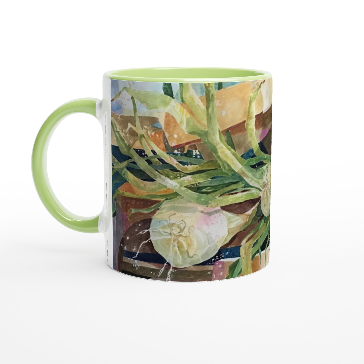 11oz White Ceramic Mug with Color Inside | Coffee Cup with 'Onions' Watercolor Artwork by American Artist Barbara Cleary