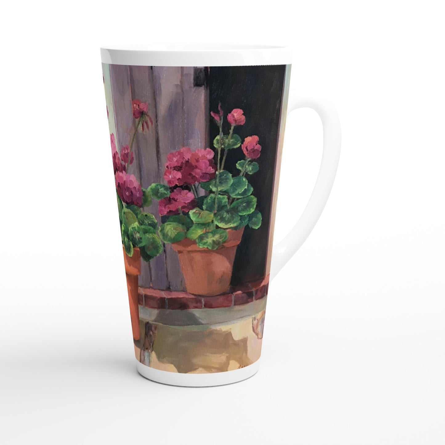 17oz White Ceramic Latte Mug | Coffee Cup with 'Potted Red Geraniums Series 1' Floral Artwork by American Artist Barbara Cleary