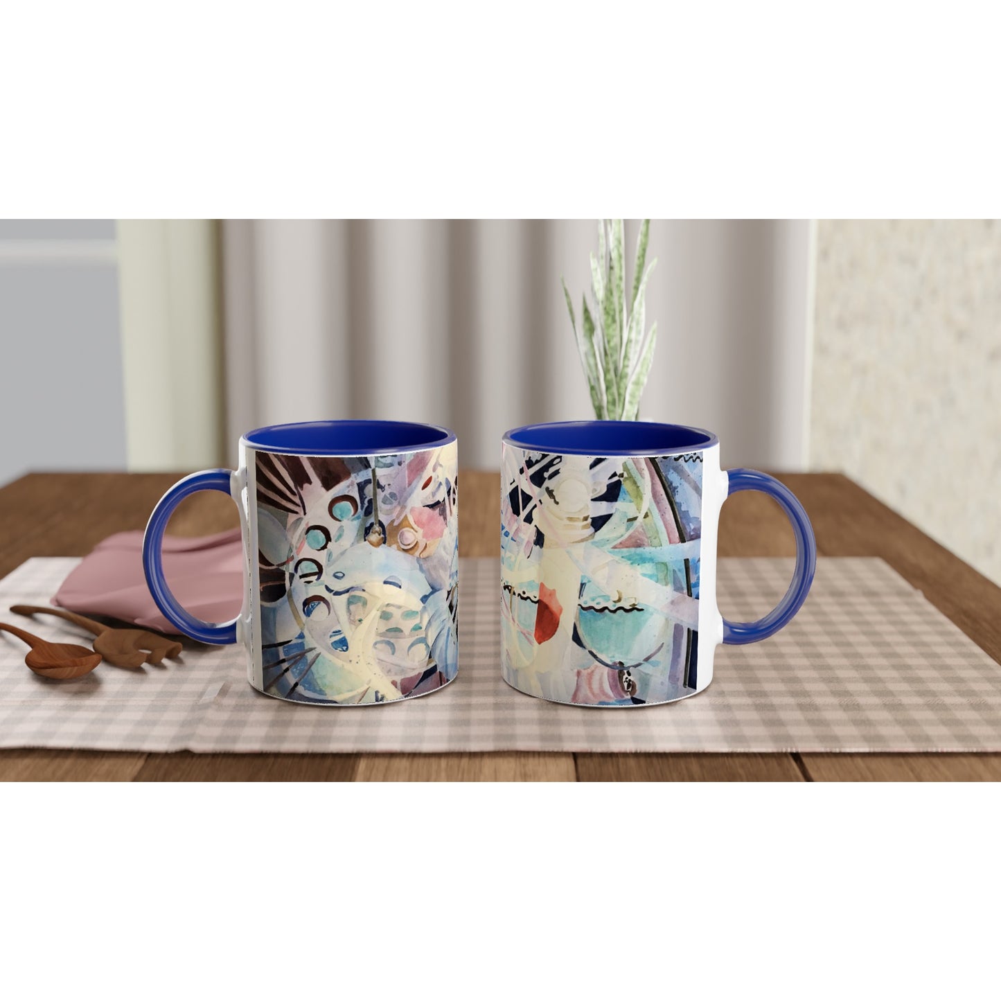 11oz White Ceramic Mug with Color Inside | Coffee Cup with 'Kaleidoscope 2' Abstract Artwork by American Artist Barbara Cleary