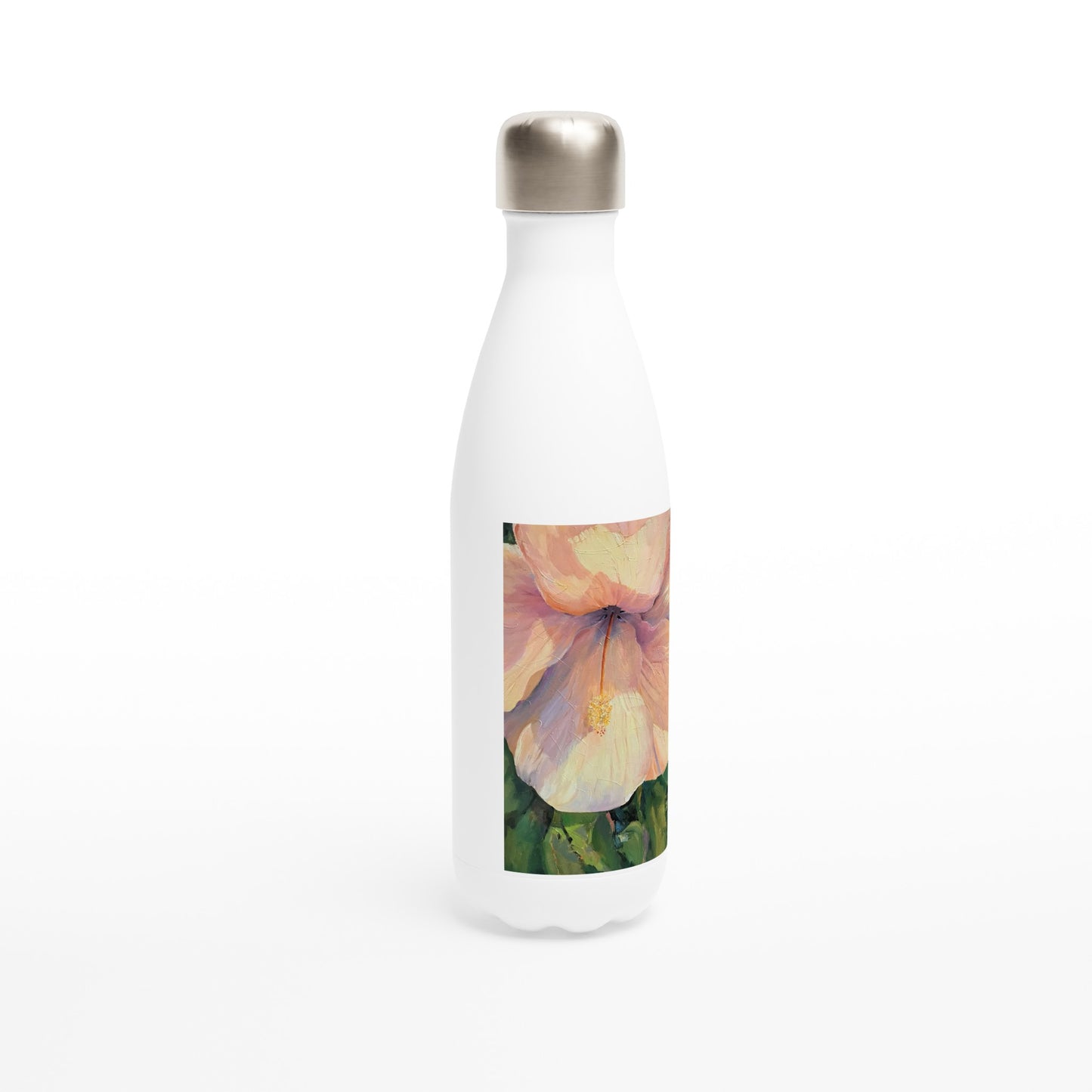 17oz White Stainless Steel Bottle with 'Pink Hibiscus' Floral Artwork by American Artist Barbara Cleary