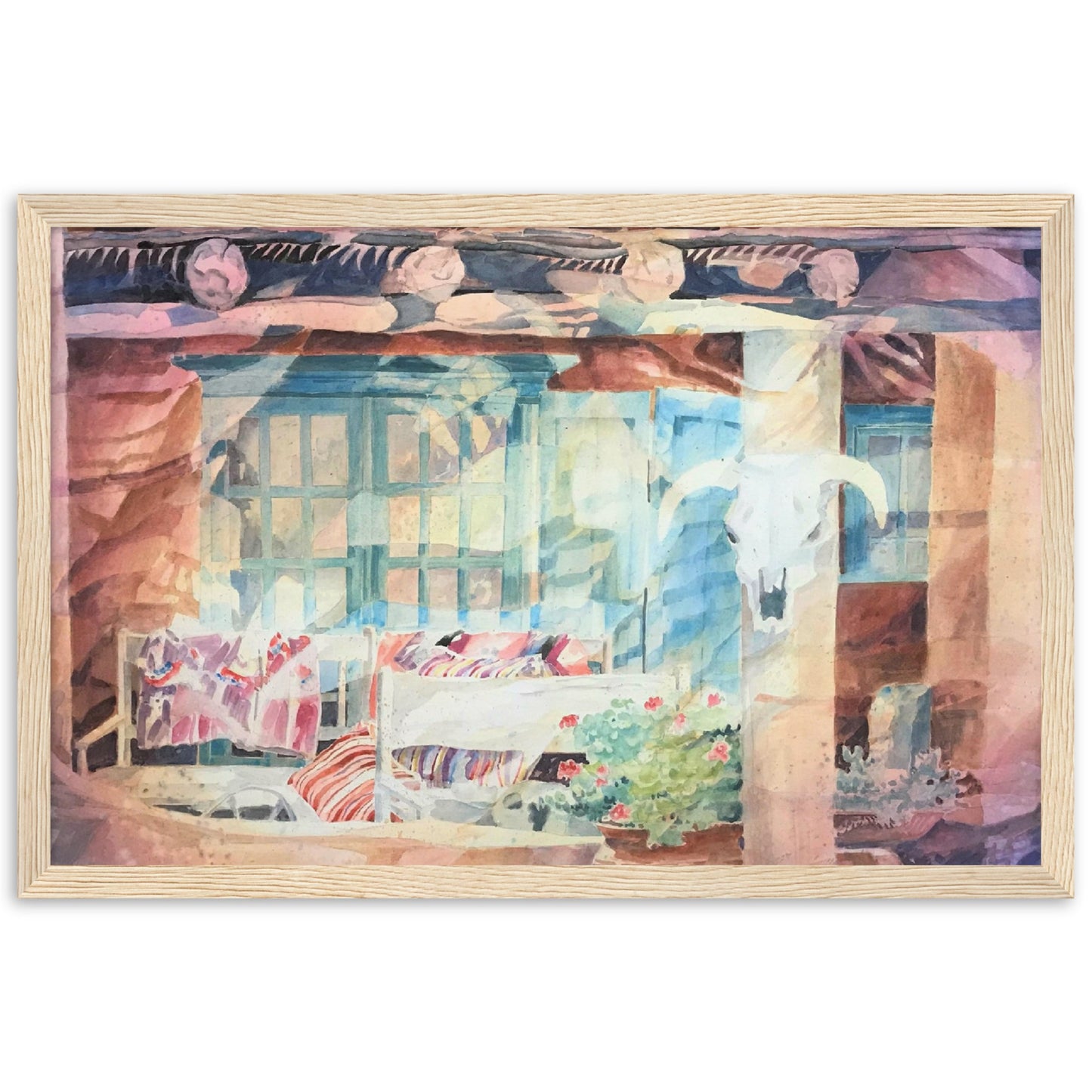 'Southwestern Home' Watercolor I 12x18 inch Wooden Framed Southwest Art Print I Original Artwork by American Artist Barbara Cleary