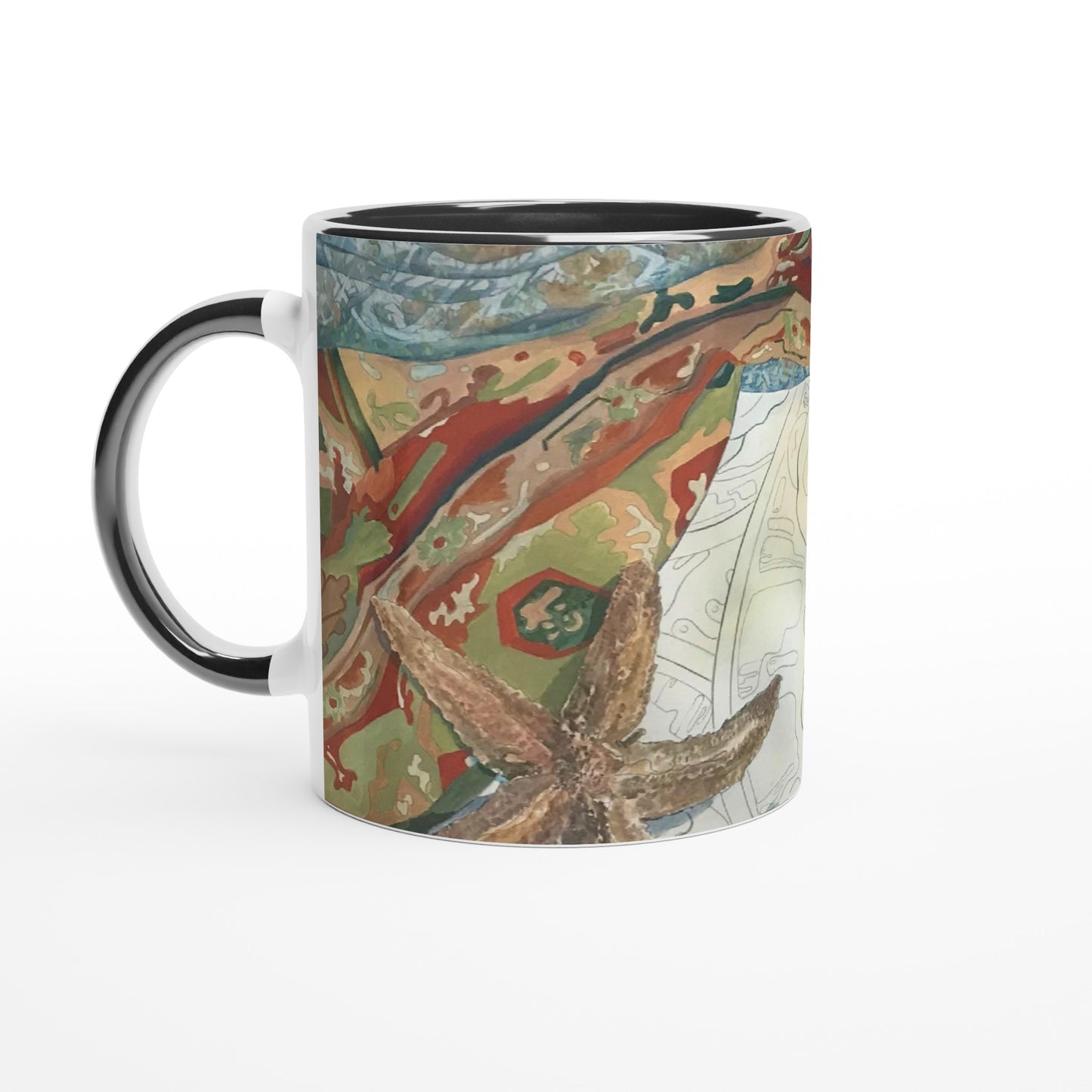 11oz White Ceramic Mug with Color Inside | Coffee Cup with 'Shells' Watercolor Artwork by American Artist Barbara Cleary