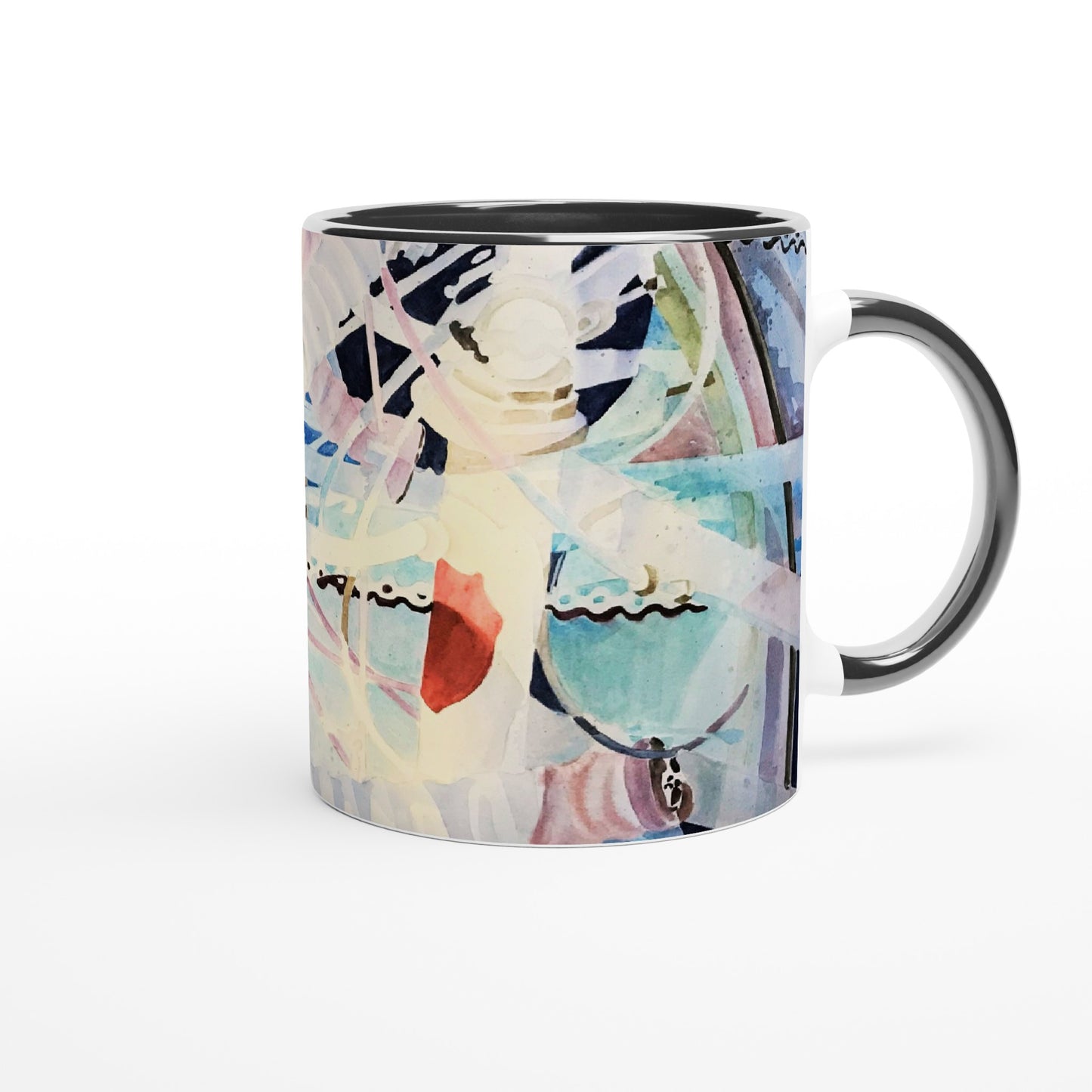 11oz White Ceramic Mug with Color Inside | Coffee Cup with 'Kaleidoscope 2' Abstract Artwork by American Artist Barbara Cleary