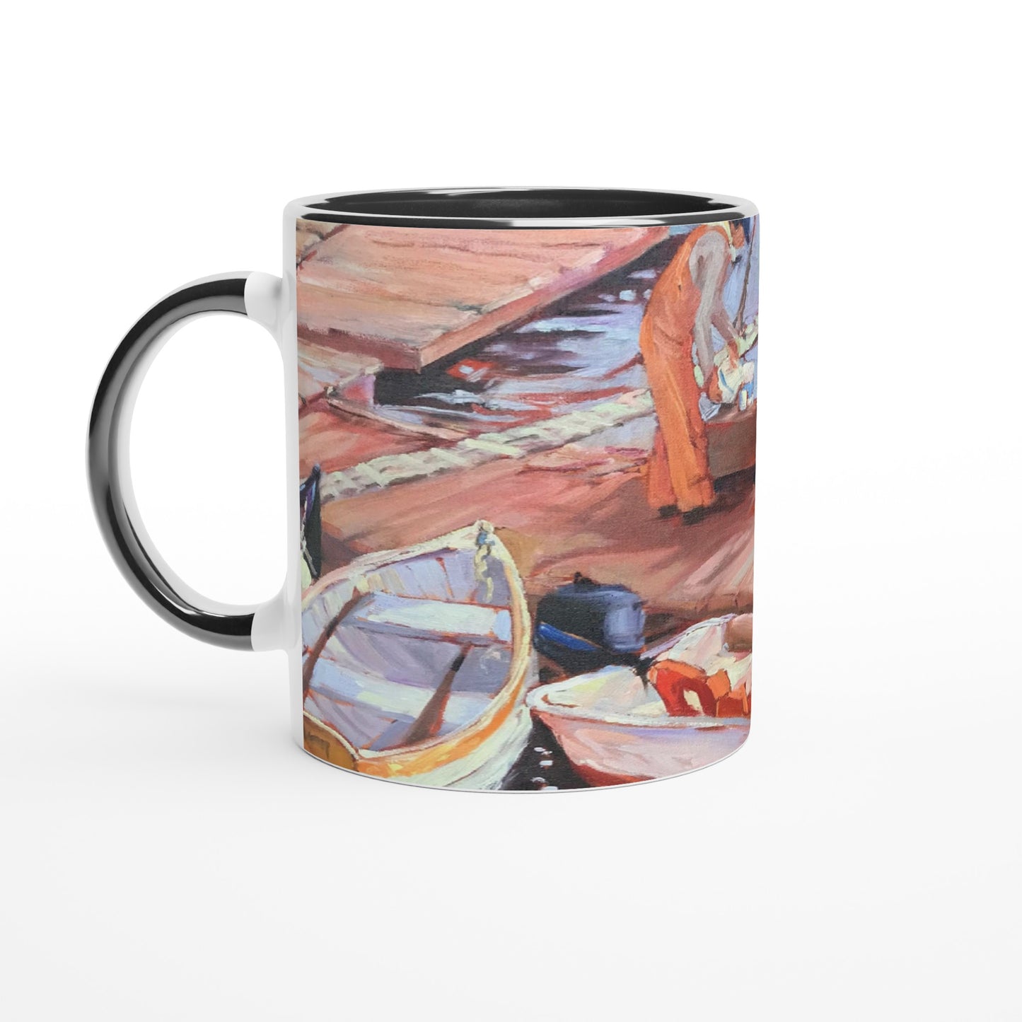 11oz White Ceramic Mug with Color Inside | Coffee Cup with 'Fishing Dock' Coastal Artwork by American Artist Barbara Cleary