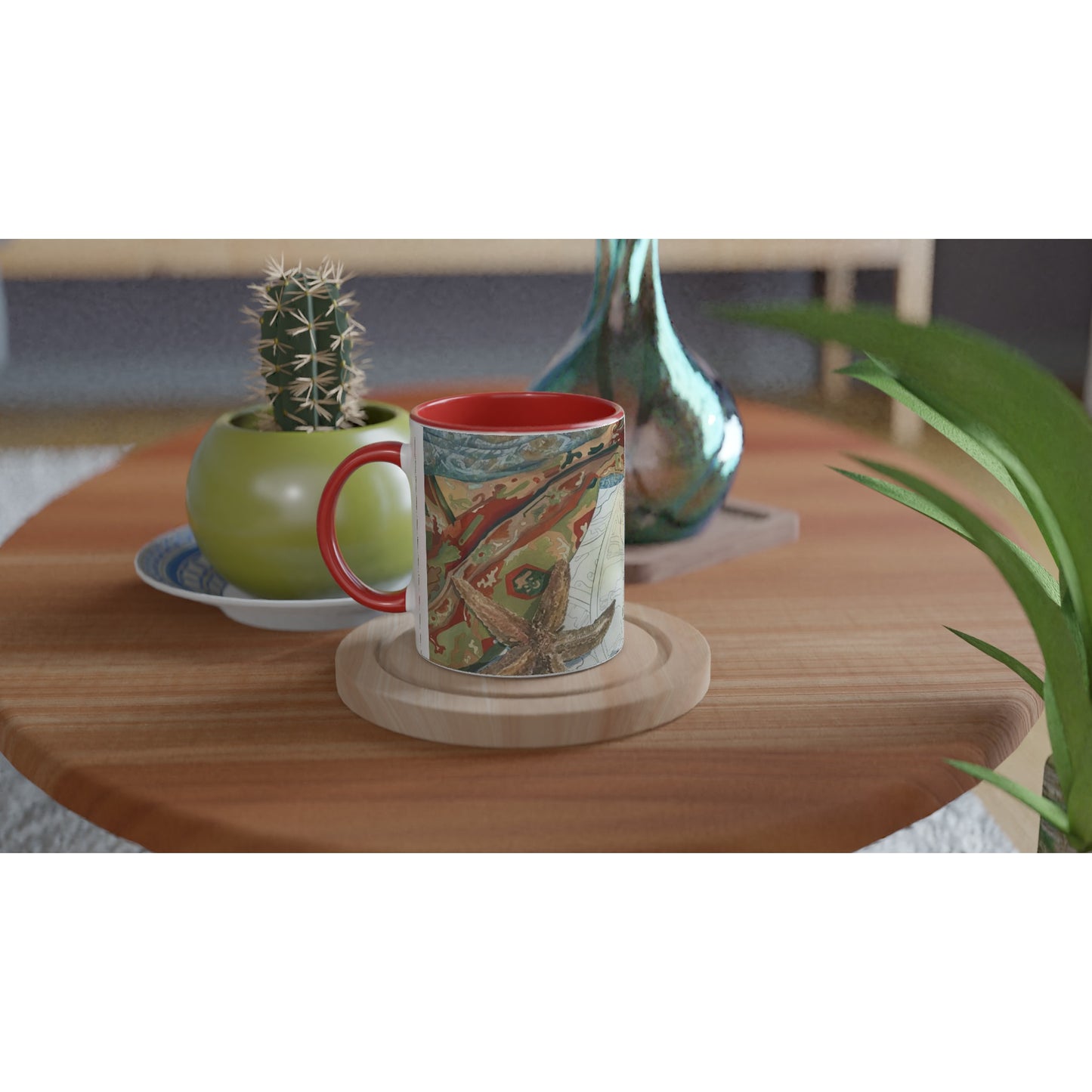11oz White Ceramic Mug with Color Inside | Coffee Cup with 'Shells' Watercolor Artwork by American Artist Barbara Cleary