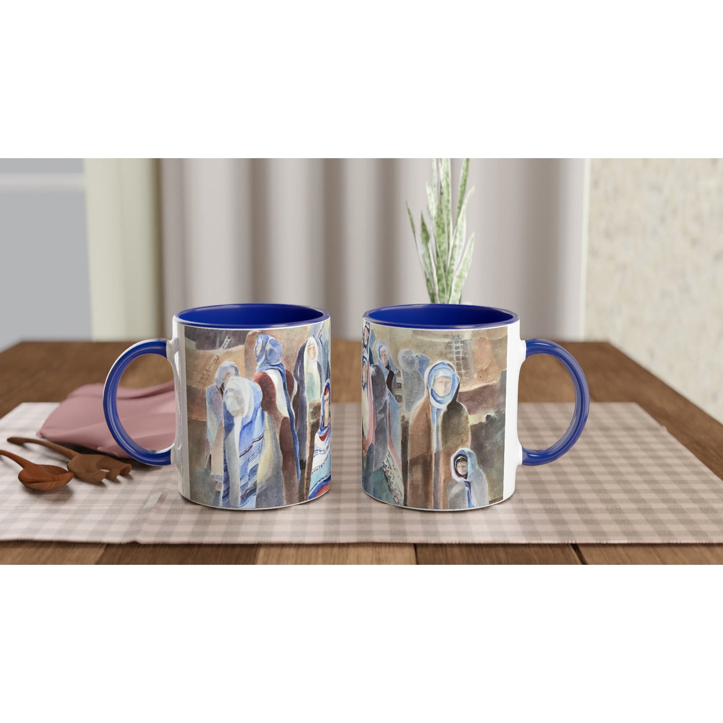 11oz White Ceramic Mug with Color Inside | Coffee Cup with 'Pueblo People' Southwestern Artwork by American Artist Barbara Cleary