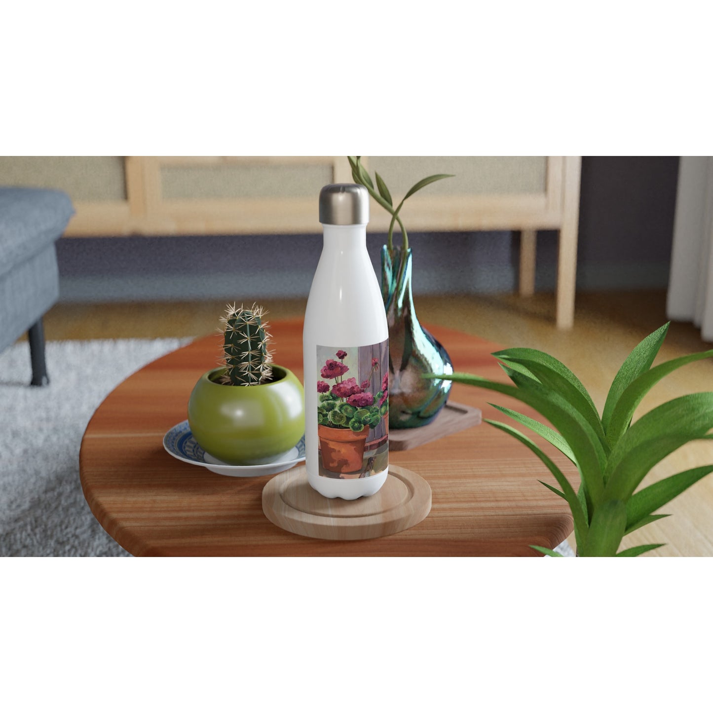17oz White Stainless Steel Bottle with 'Geraniums 2' Floral Artwork by American Artist Barbara Cleary