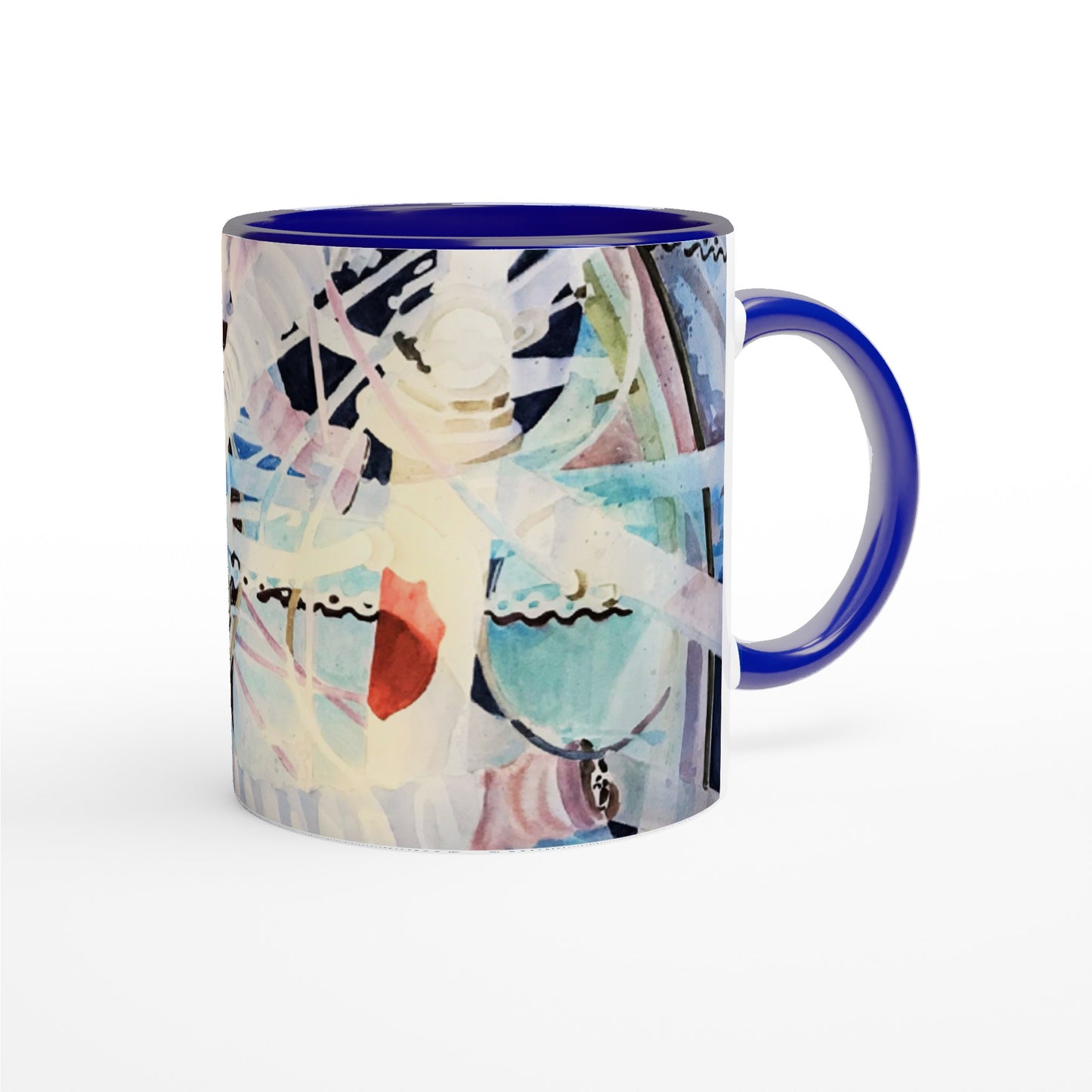 11oz White Ceramic Mug with Color Inside | Coffee Cup with 'Kaleidoscope 2' Abstract Artwork by American Artist Barbara Cleary