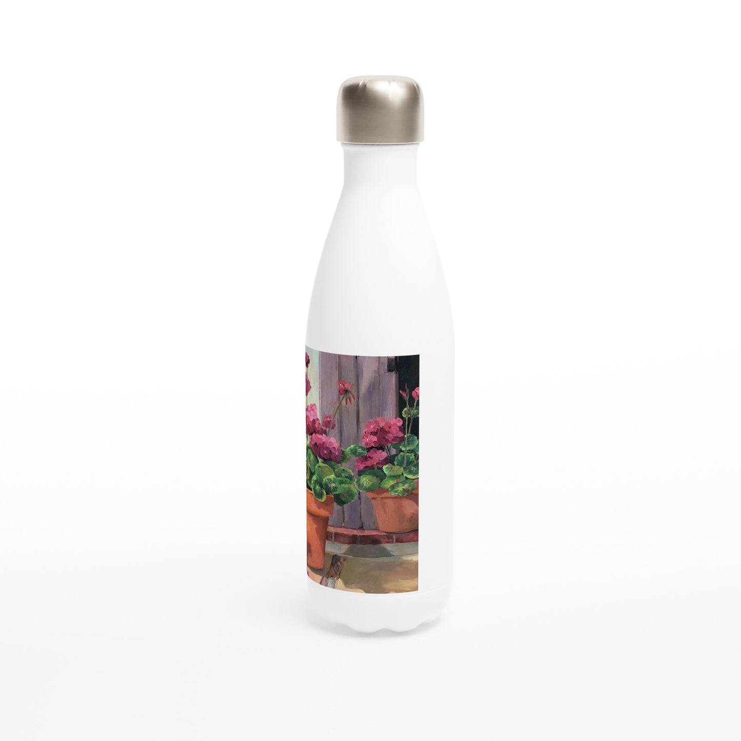 17oz White Stainless Steel Bottle with 'Geraniums 2' Floral Artwork by American Artist Barbara Cleary