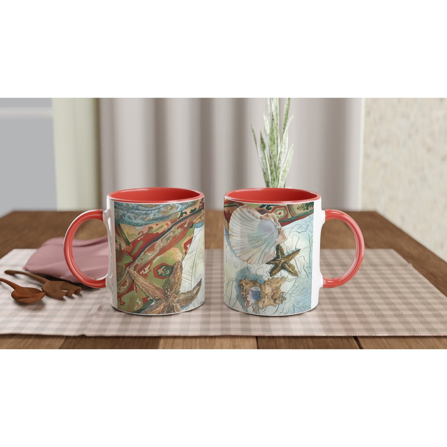 11oz White Ceramic Mug with Color Inside | Coffee Cup with 'Shells' Watercolor Artwork by American Artist Barbara Cleary