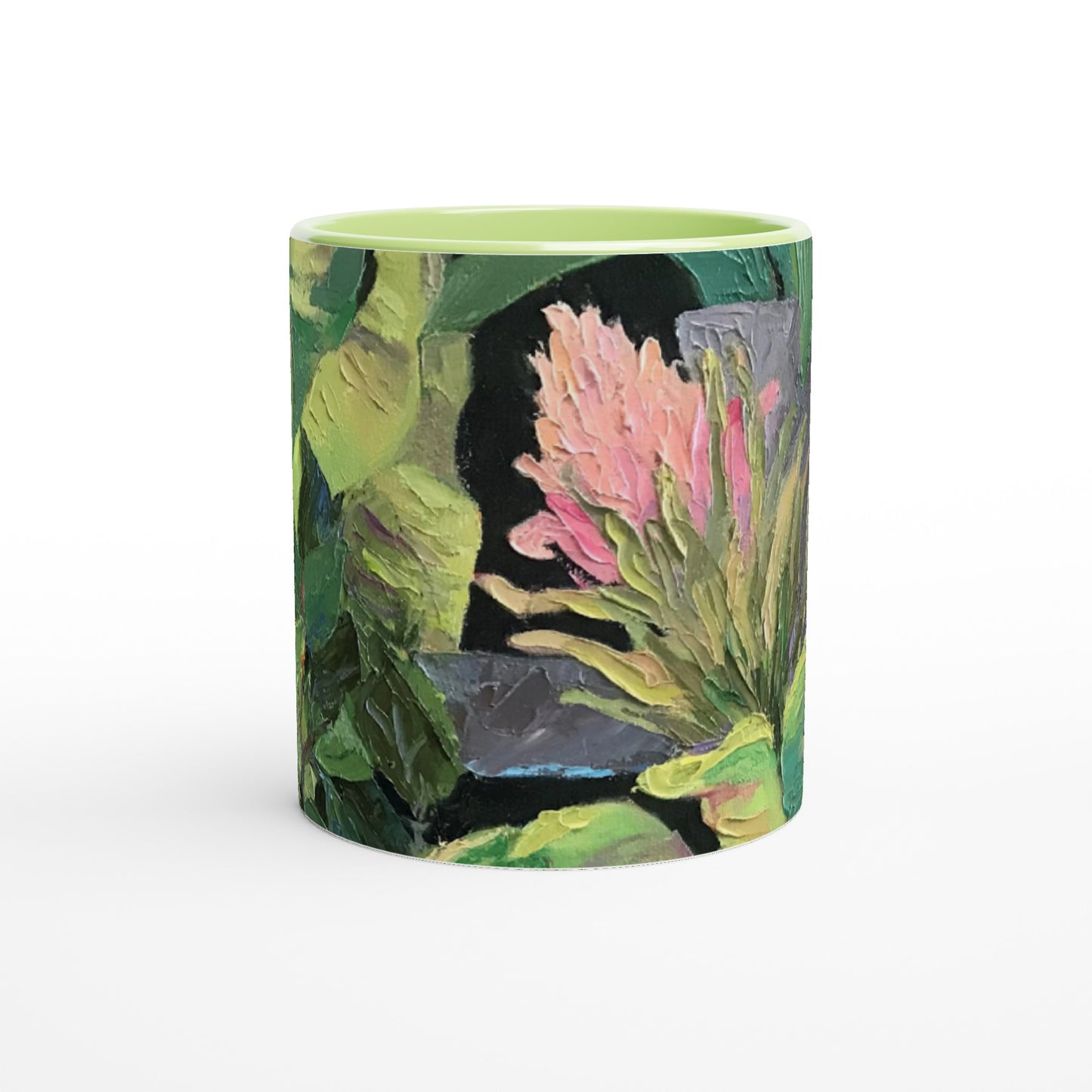 11oz White Ceramic Mug with Color Inside | Coffee Cup with 'Bromiliads' Floral Artwork by American Artist Barbara Cleary