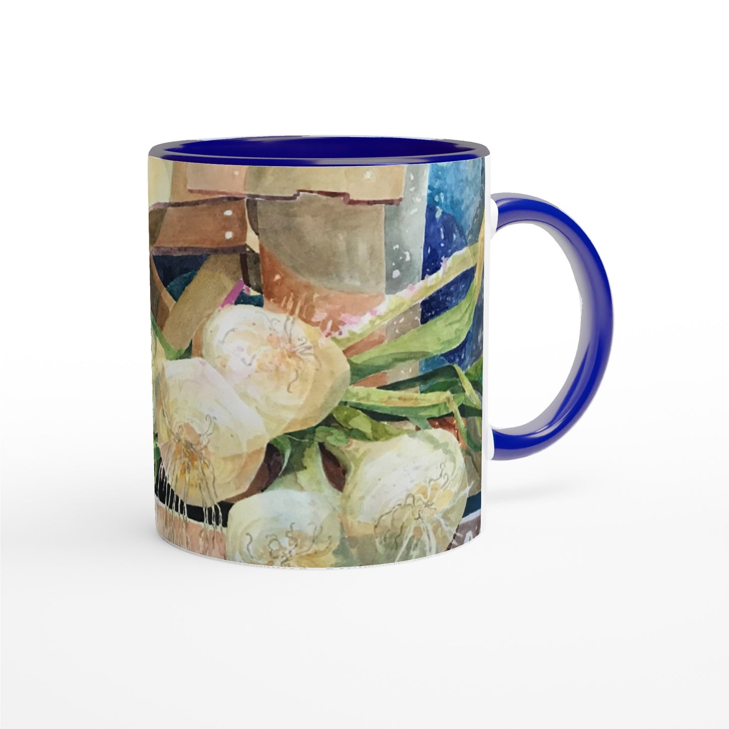 11oz White Ceramic Mug with Color Inside | Coffee Cup with 'Onions' Watercolor Artwork by American Artist Barbara Cleary