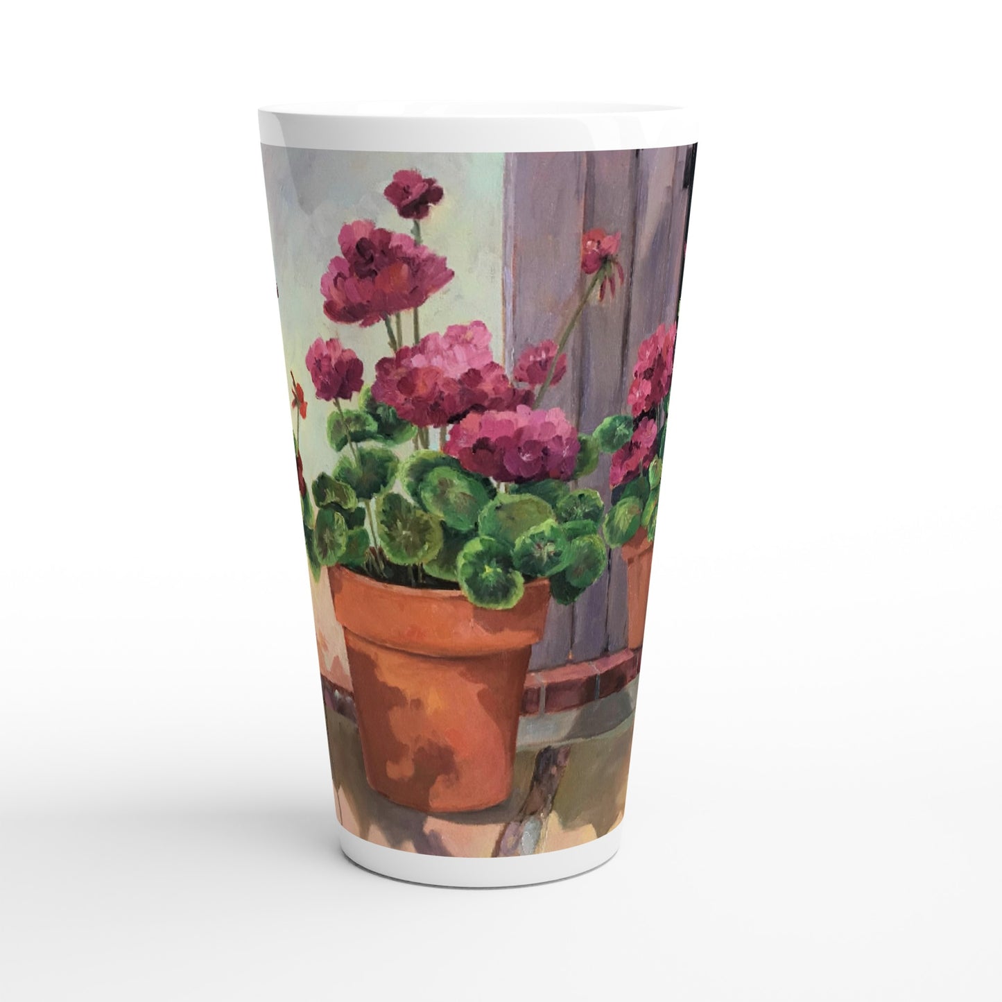 17oz White Ceramic Latte Mug | Coffee Cup with 'Potted Red Geraniums Series 1' Floral Artwork by American Artist Barbara Cleary
