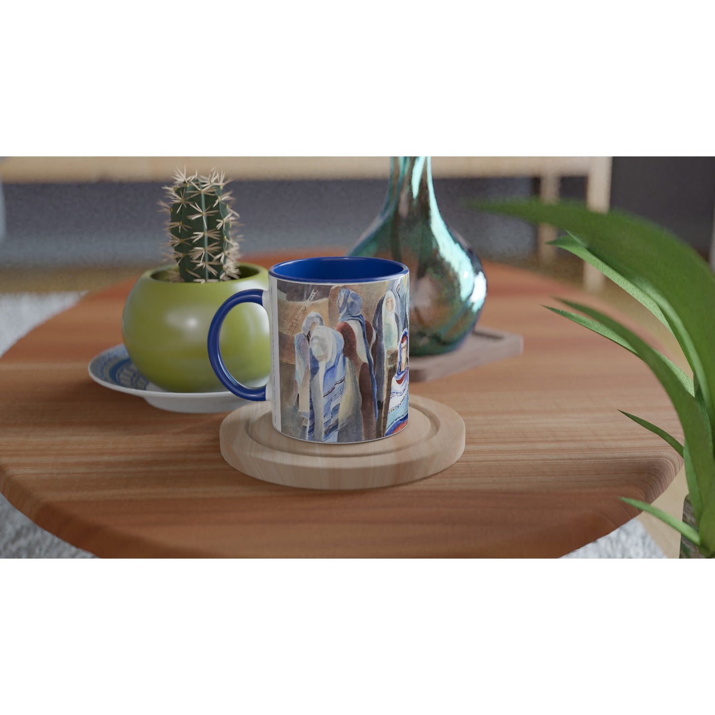 11oz White Ceramic Mug with Color Inside | Coffee Cup with 'Pueblo People' Southwestern Artwork by American Artist Barbara Cleary