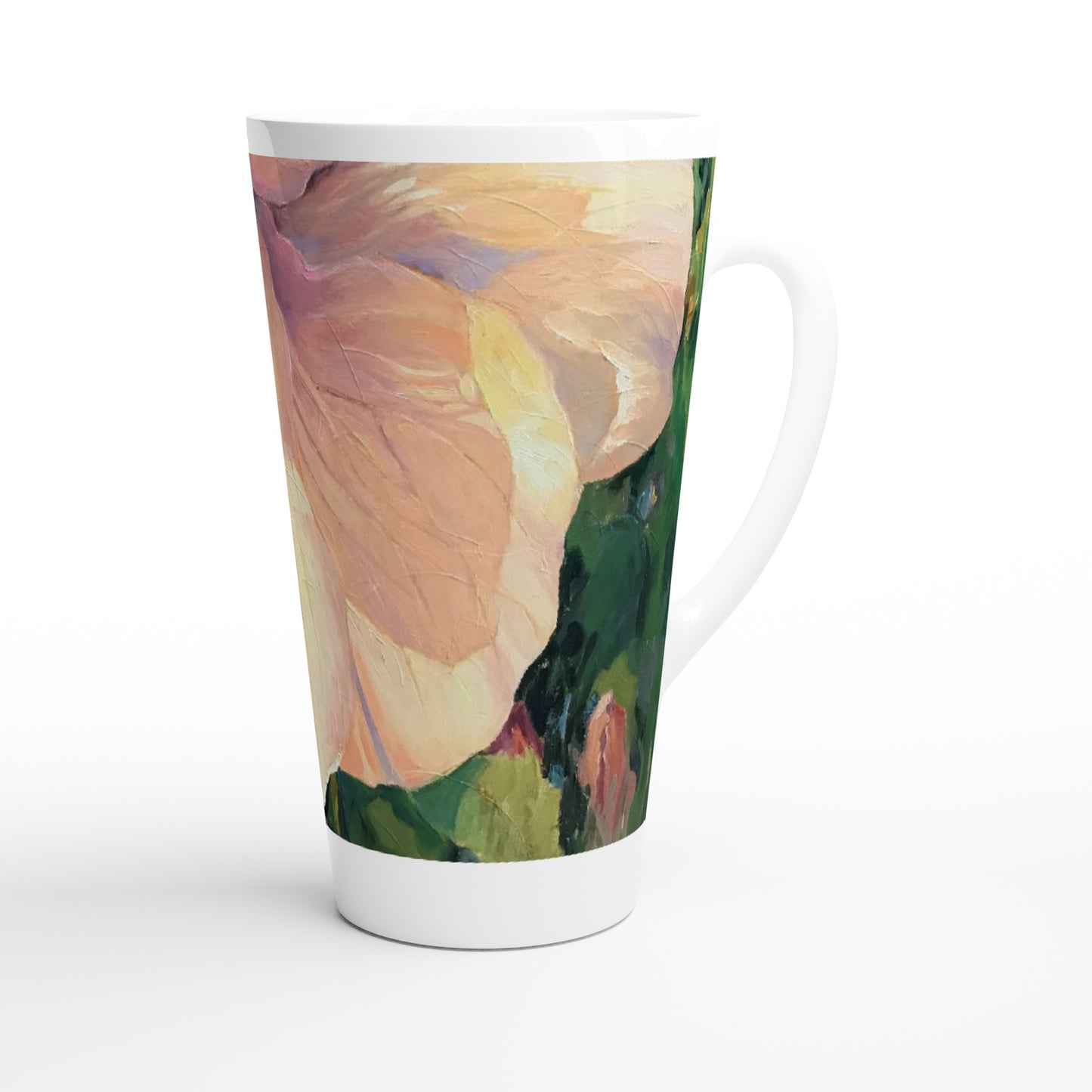 17oz White Ceramic Latte Mug | Coffee Cup with 'Pink Hibiscus' Floral Artwork by American Artist Barbara Cleary