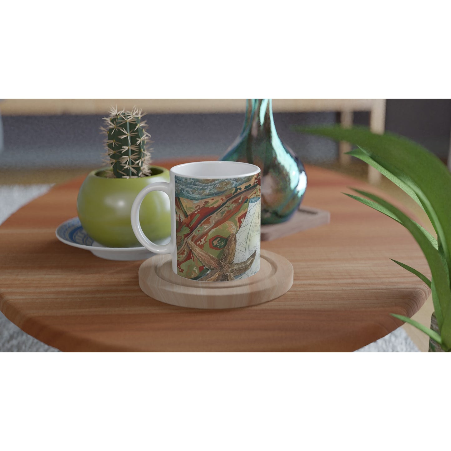 11oz White Ceramic Mug | Coffee Cup with 'Shells' Watercolor Artwork by American Artist Barbara Cleary